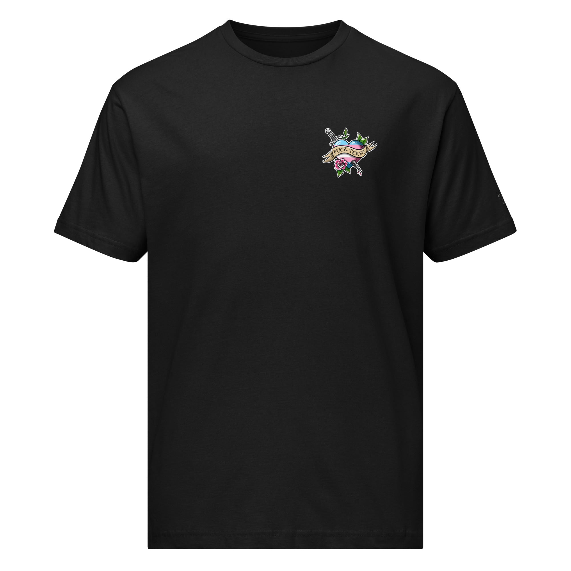 Black unisex Trans Pride T-Shirt featuring bold text design, made by Printful, showcasing support for transgender rights.