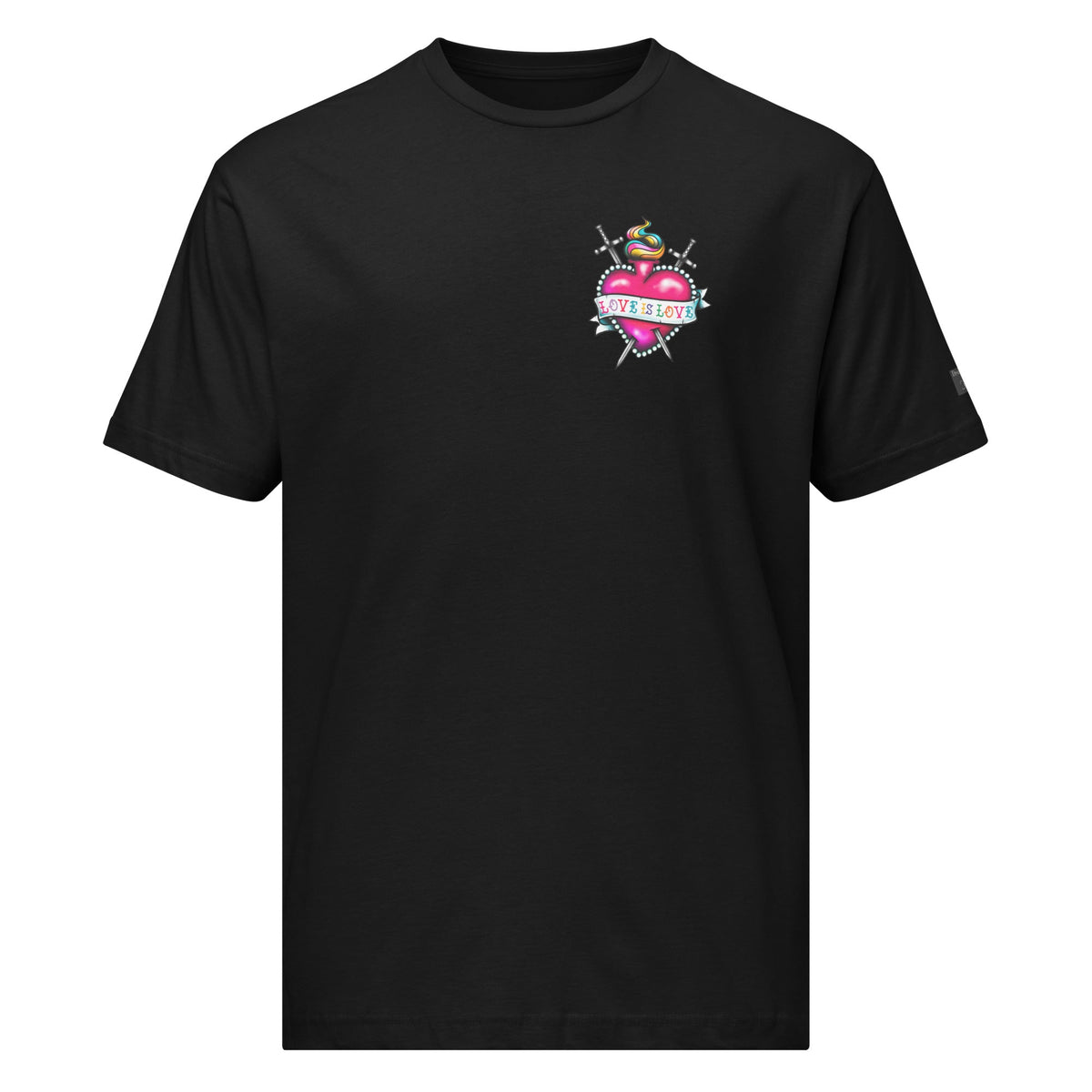Black unisex Love is Love Pride T-Shirt by Printful featuring a colorful pride-themed design on the front.