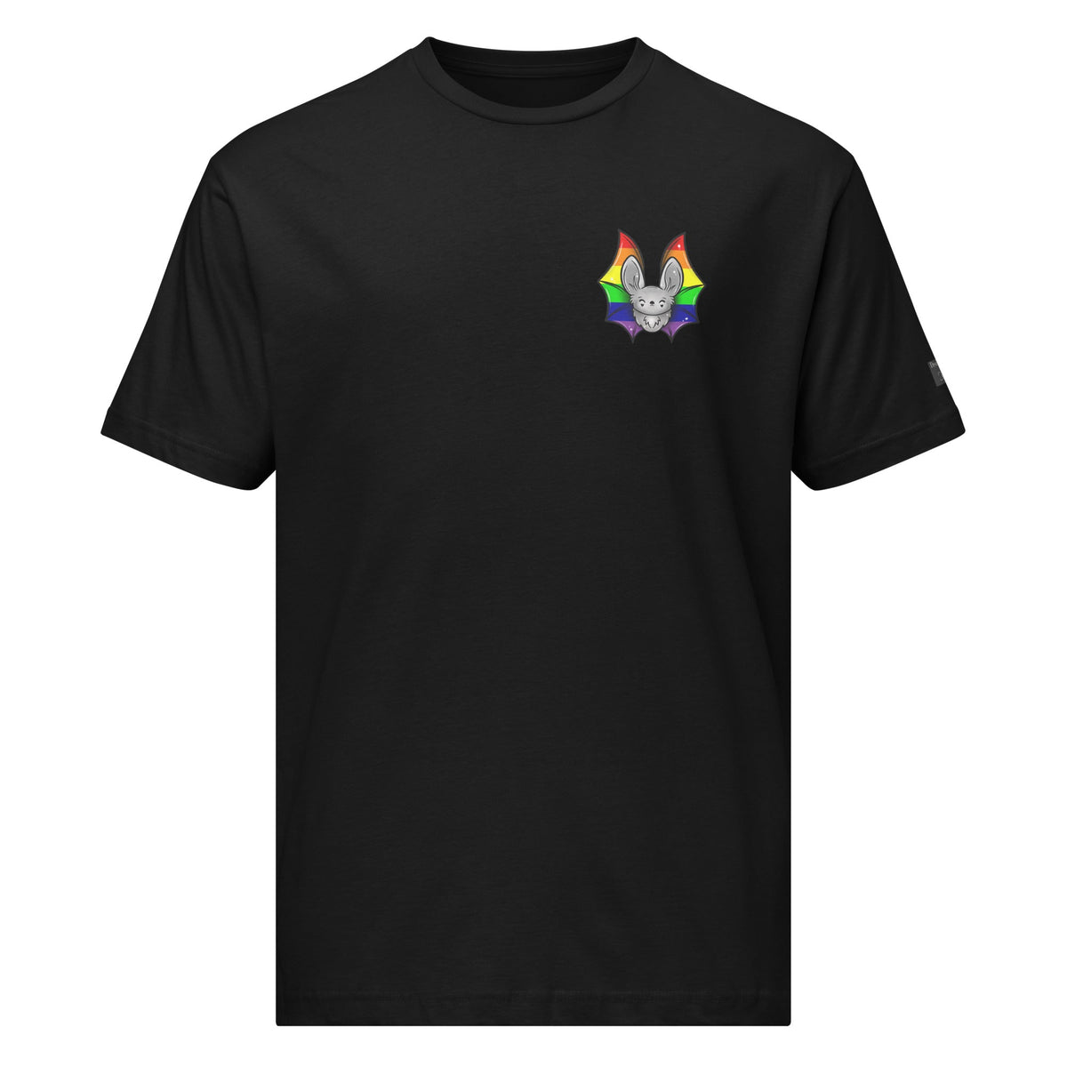 Black Pride Bat T-Shirt with rainbow flag design, unisex fine jersey tee from Printful, front view.