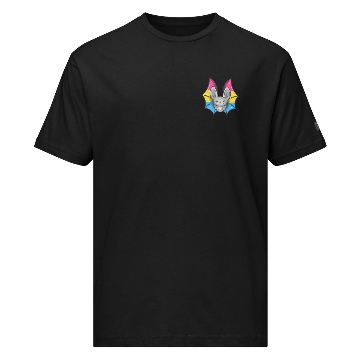 Black unisex Pride Bat T-shirt featuring the Pansexual Flag design on the front, made by Printful.