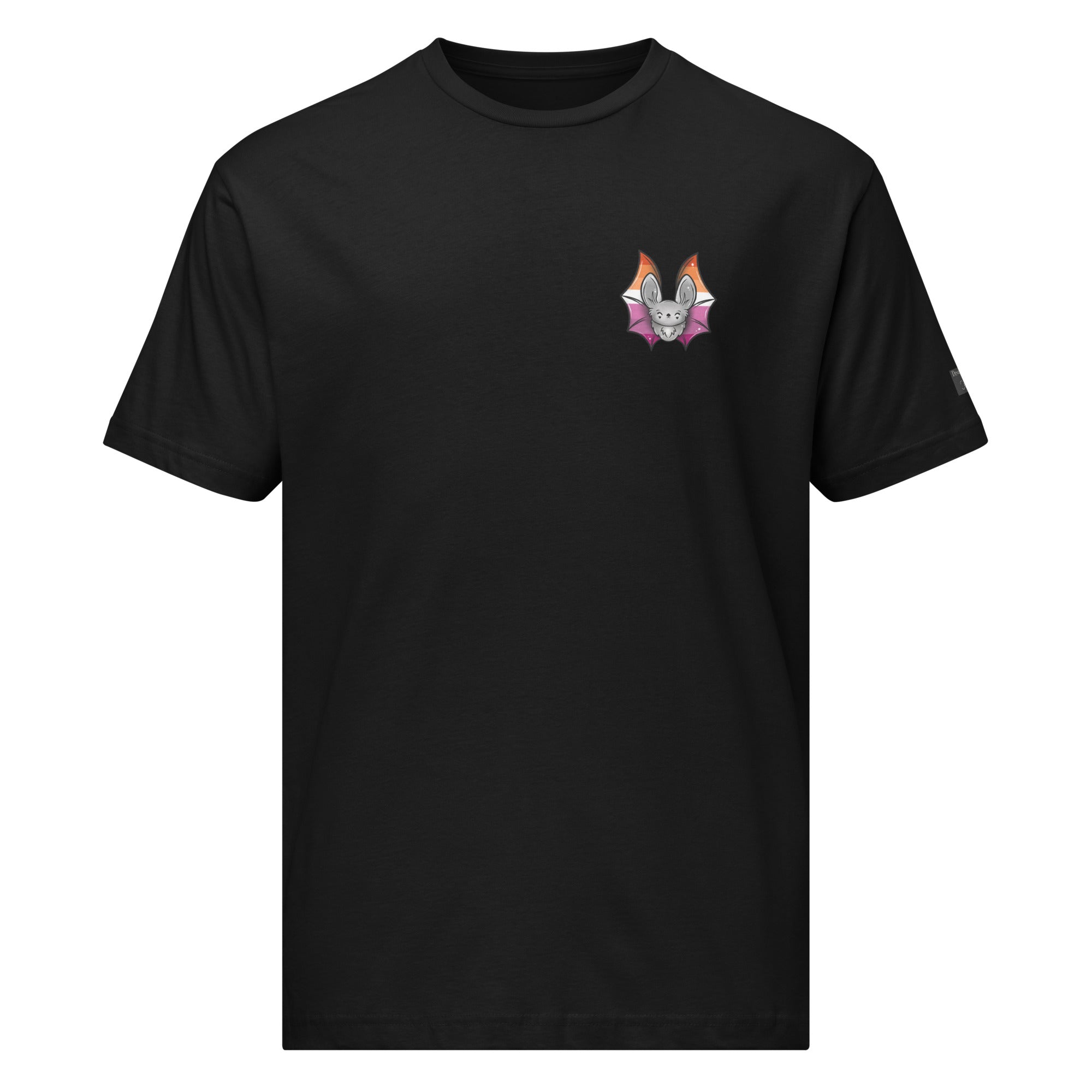 Black Pride Bat T-Shirt featuring a unisex fit and Lesbian flag design on the front, made by Printful.