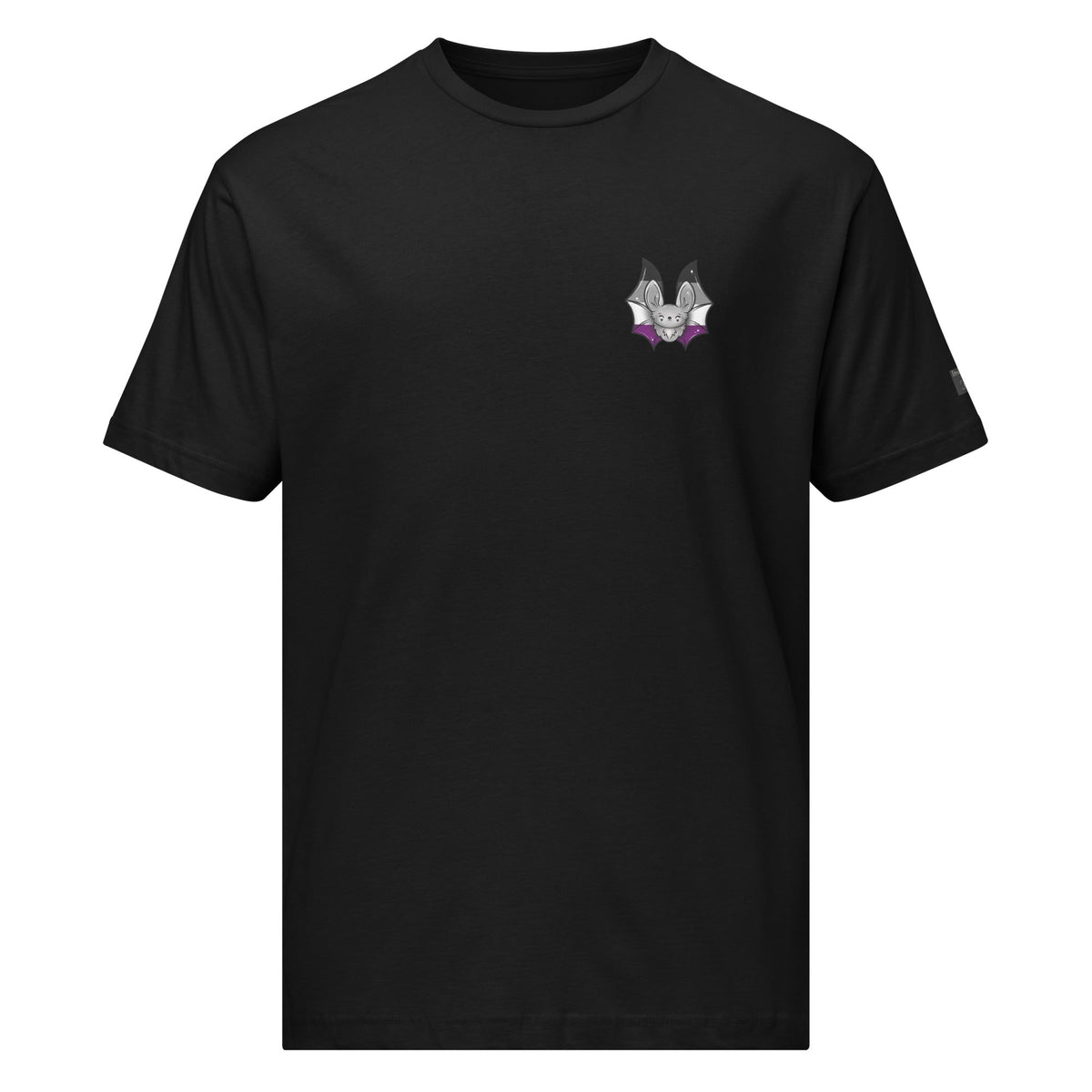 Unisex Pride Bat Asexual Flag T-Shirt by Printful, black front view, soft jersey fabric, casual fit, vibrant rainbow colors.