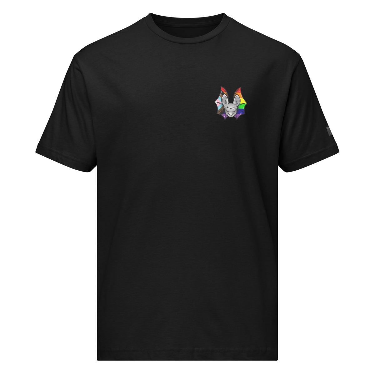 Unisex black Pride Bat T-Shirt with Progress Pride Flag design, made by Printful, front view showing vibrant rainbow flag graphic.