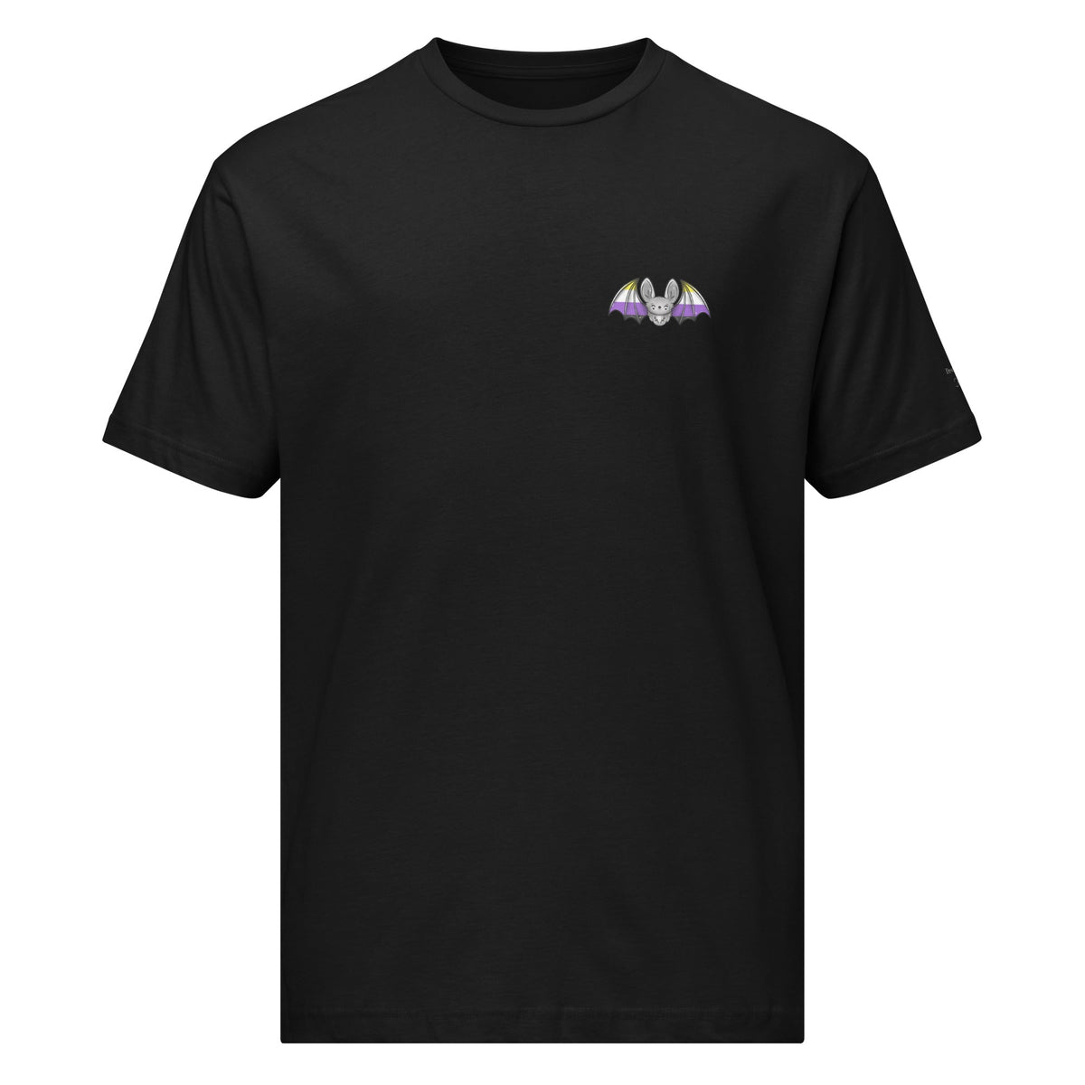 Black Pride Bat T-Shirt featuring non-binary flag design on the front, made of unisex fine jersey fabric by Printful.