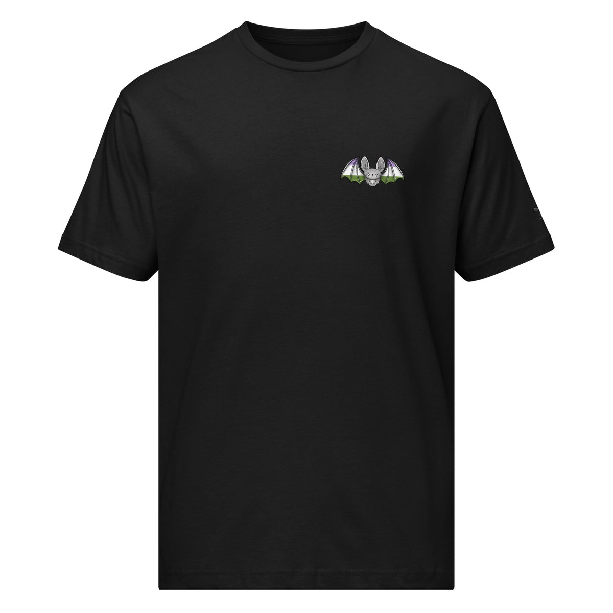 Unisex black Pride Bat T-Shirt featuring genderqueer pride flag colors and print on the front, made by Printful.
