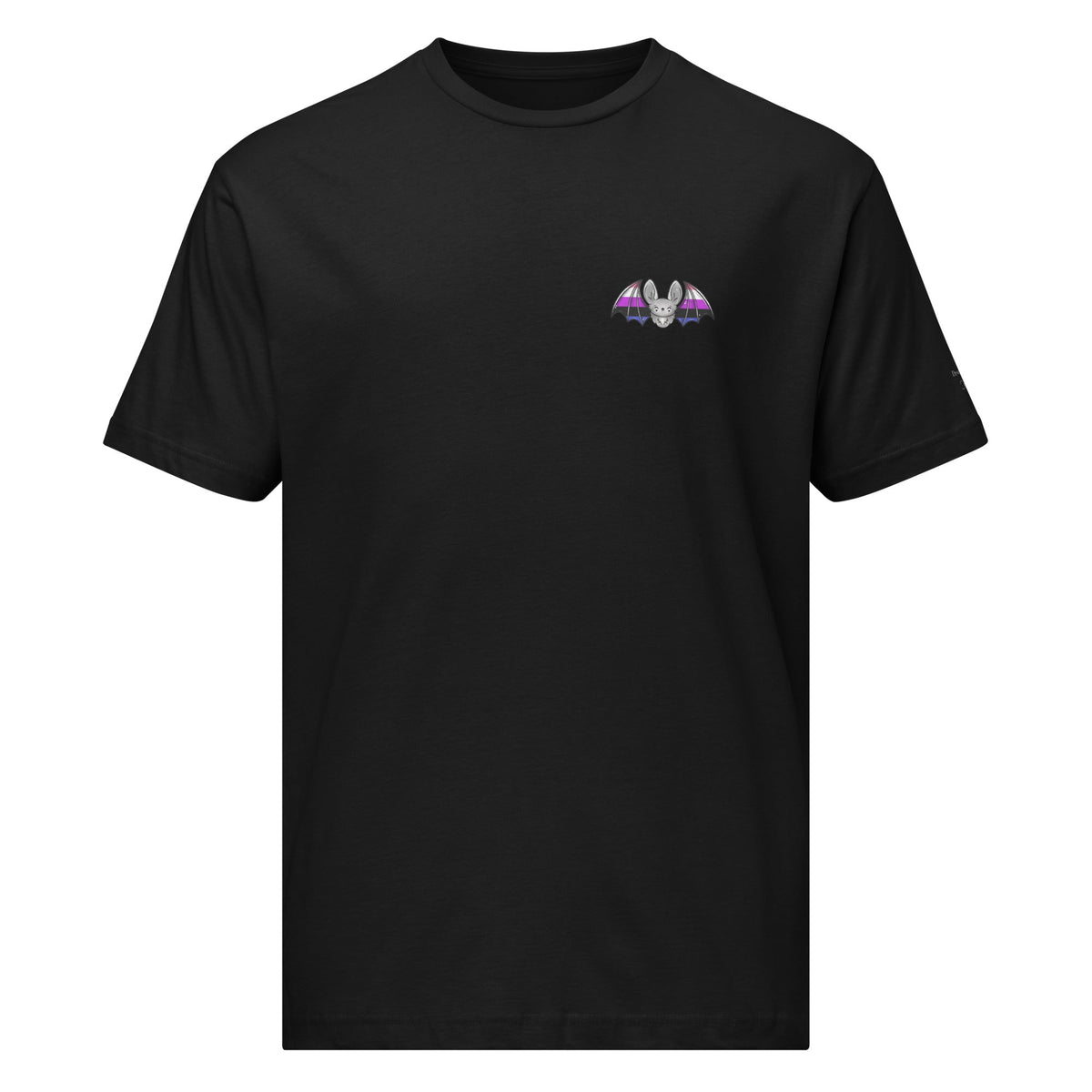 Unisex black Pride Bat T-Shirt featuring genderfluid flag colors and design, made by Printful.