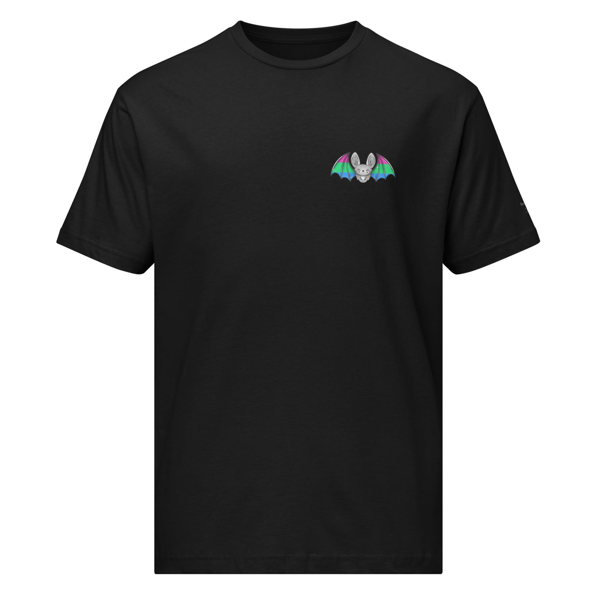 Unisex black Pride Bat T-shirt featuring polysexual flag colors and design on the front, made by Printful.