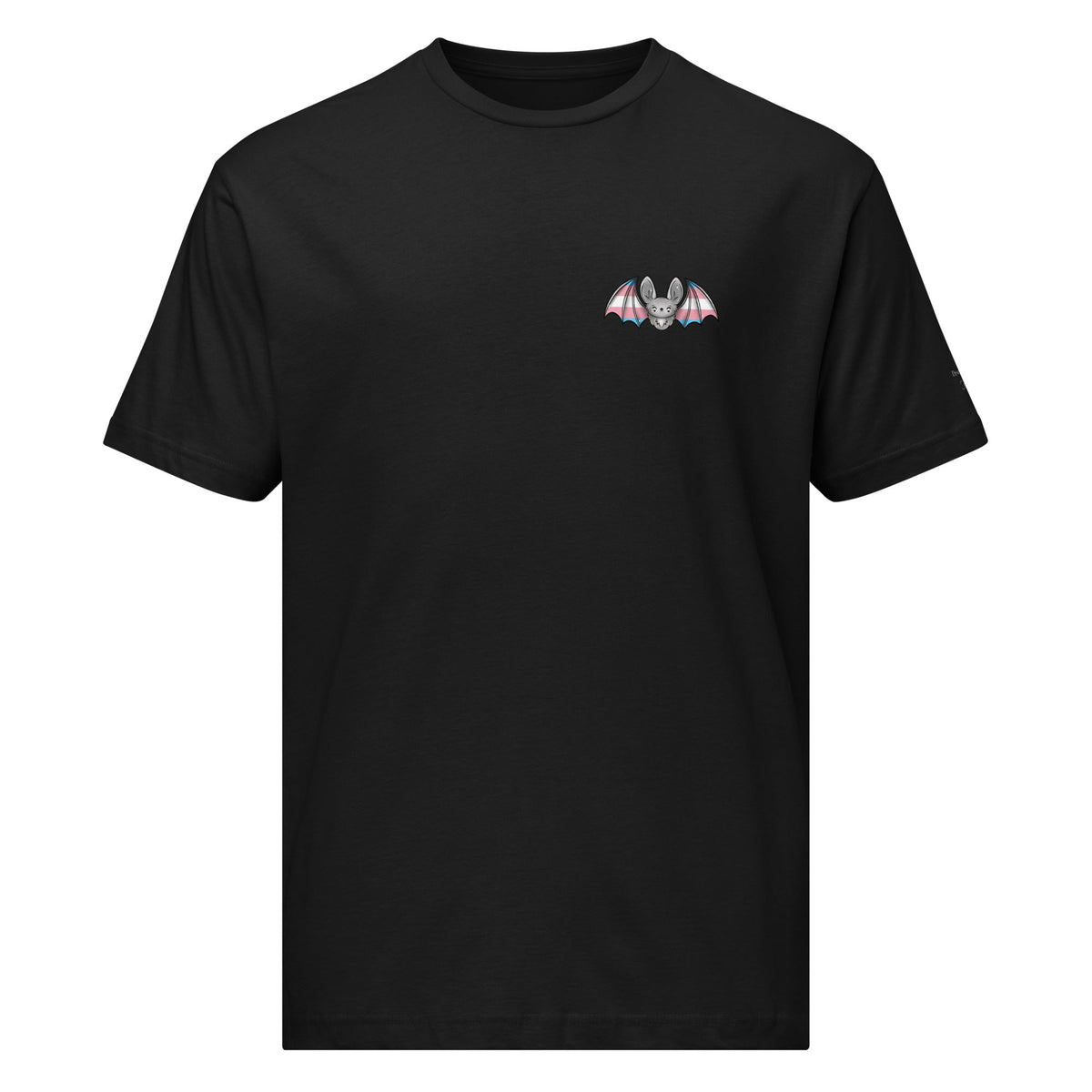 Black Pride Bat T-Shirt with Trans Flag design, unisex fine jersey tee by Printful, front view showing bold graphic print.