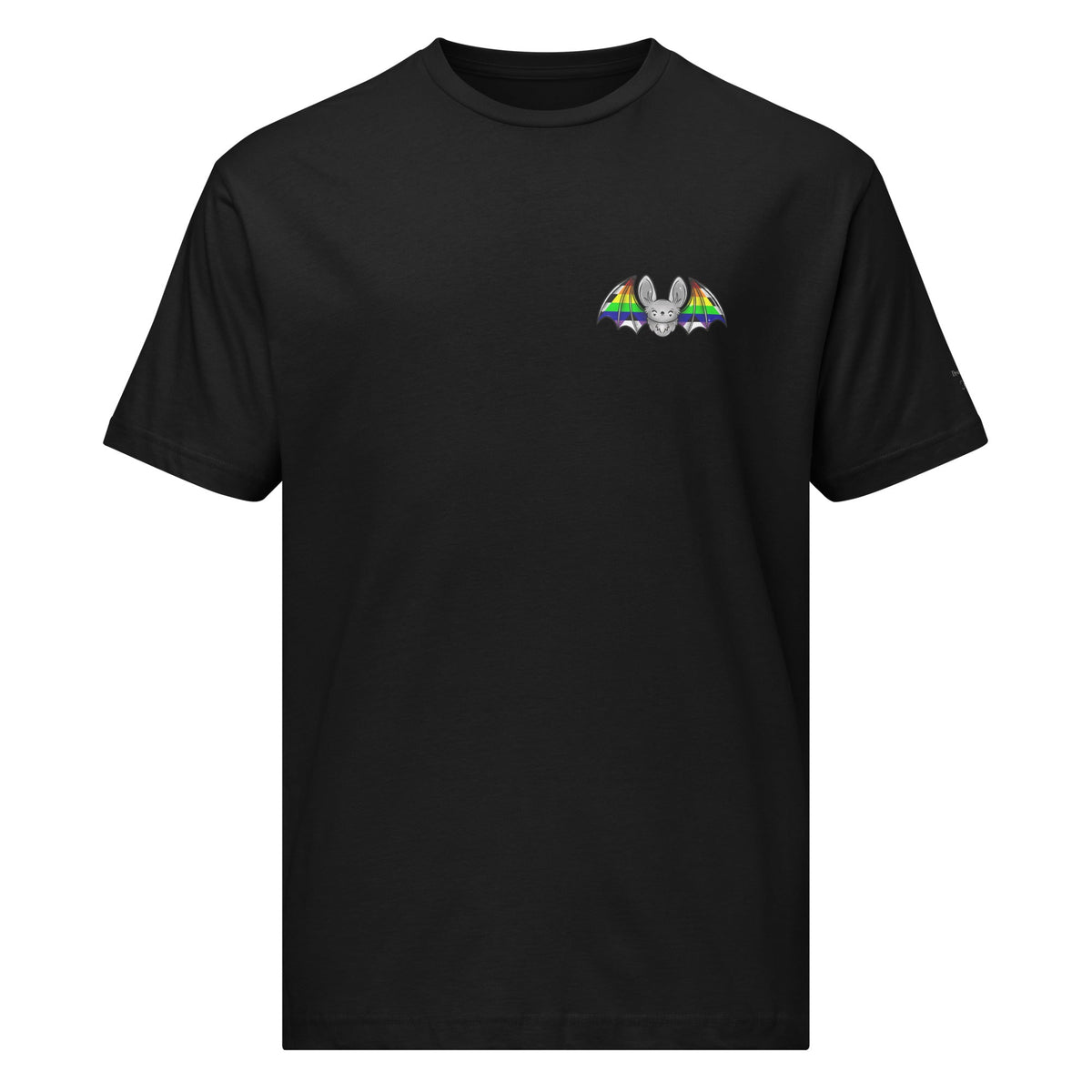 Unisex black Pride Bat Ally Flag T-shirt by Printful featuring a front graphic design of the Pride Bat Ally Flag.