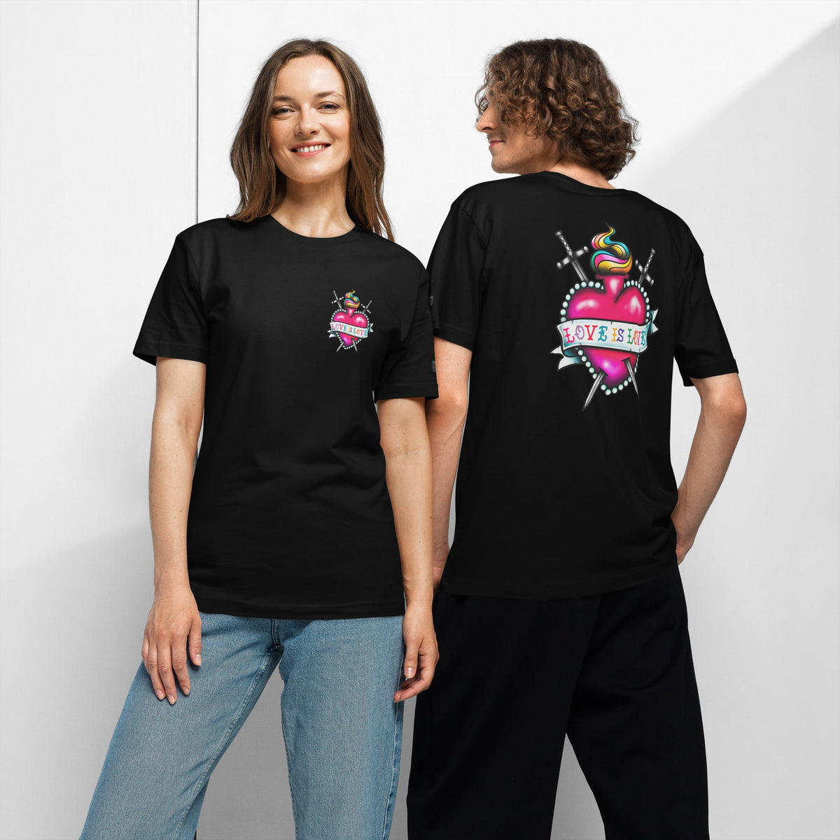 Black unisex Love is Love Pride T-Shirt by Printful, front and back view showing colorful rainbow design on the jersey tee.