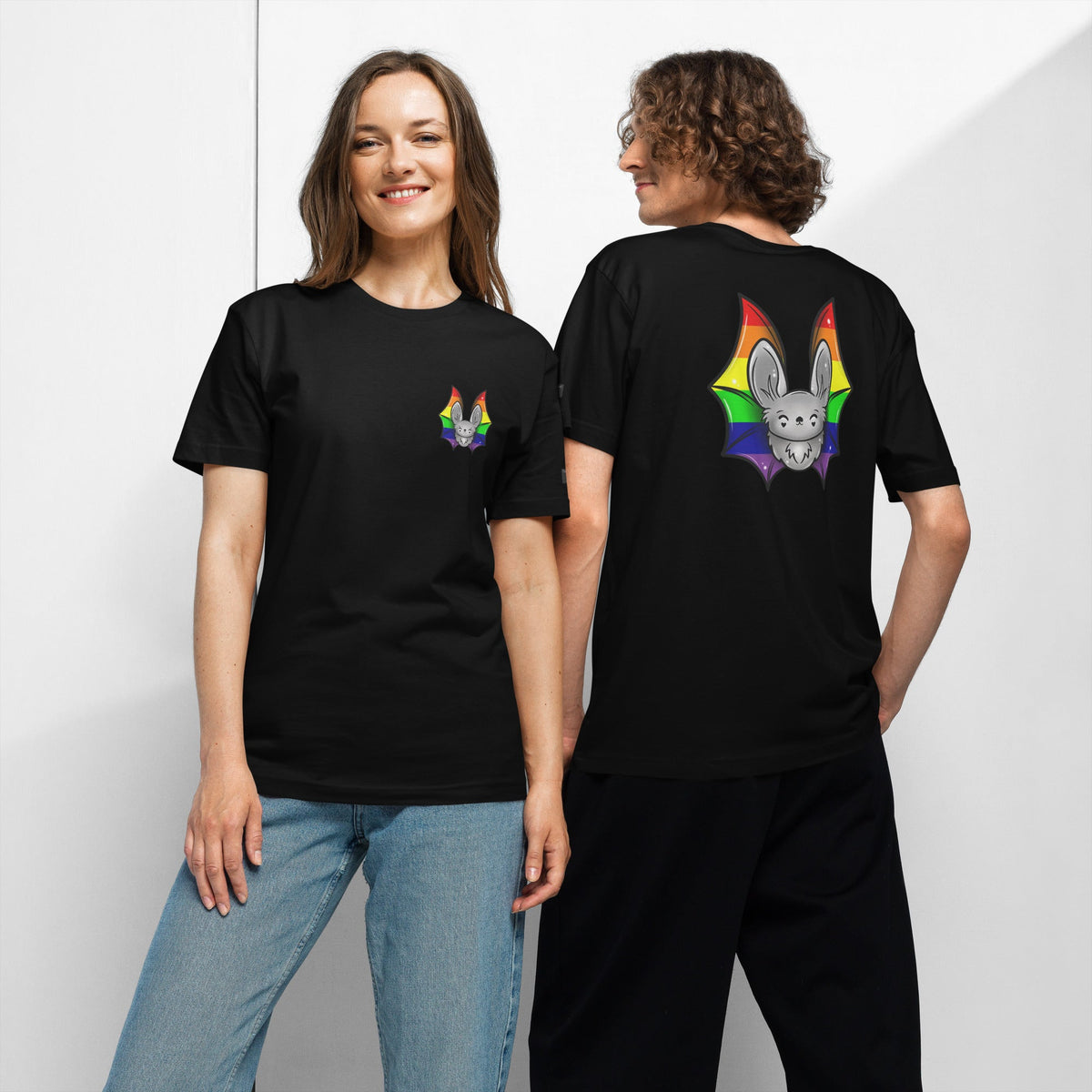 Unisex black Pride Bat T-Shirt with rainbow flag design, featuring front and back print, made by Printful.
