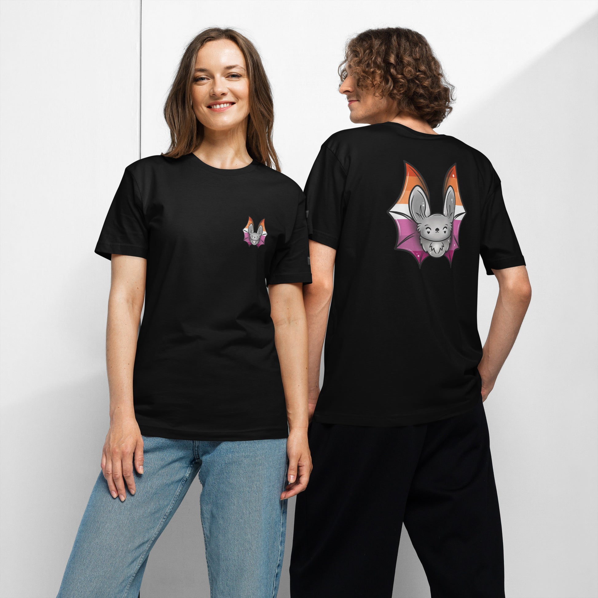 Unisex Pride Bat T-Shirt by Printful featuring a lesbian flag design on black jersey, front and back view.