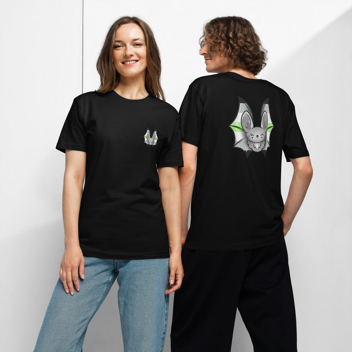 Black Pride Bat Aromantic Flag unisex T-shirt by Printful, featuring front and back design in fine jersey material.