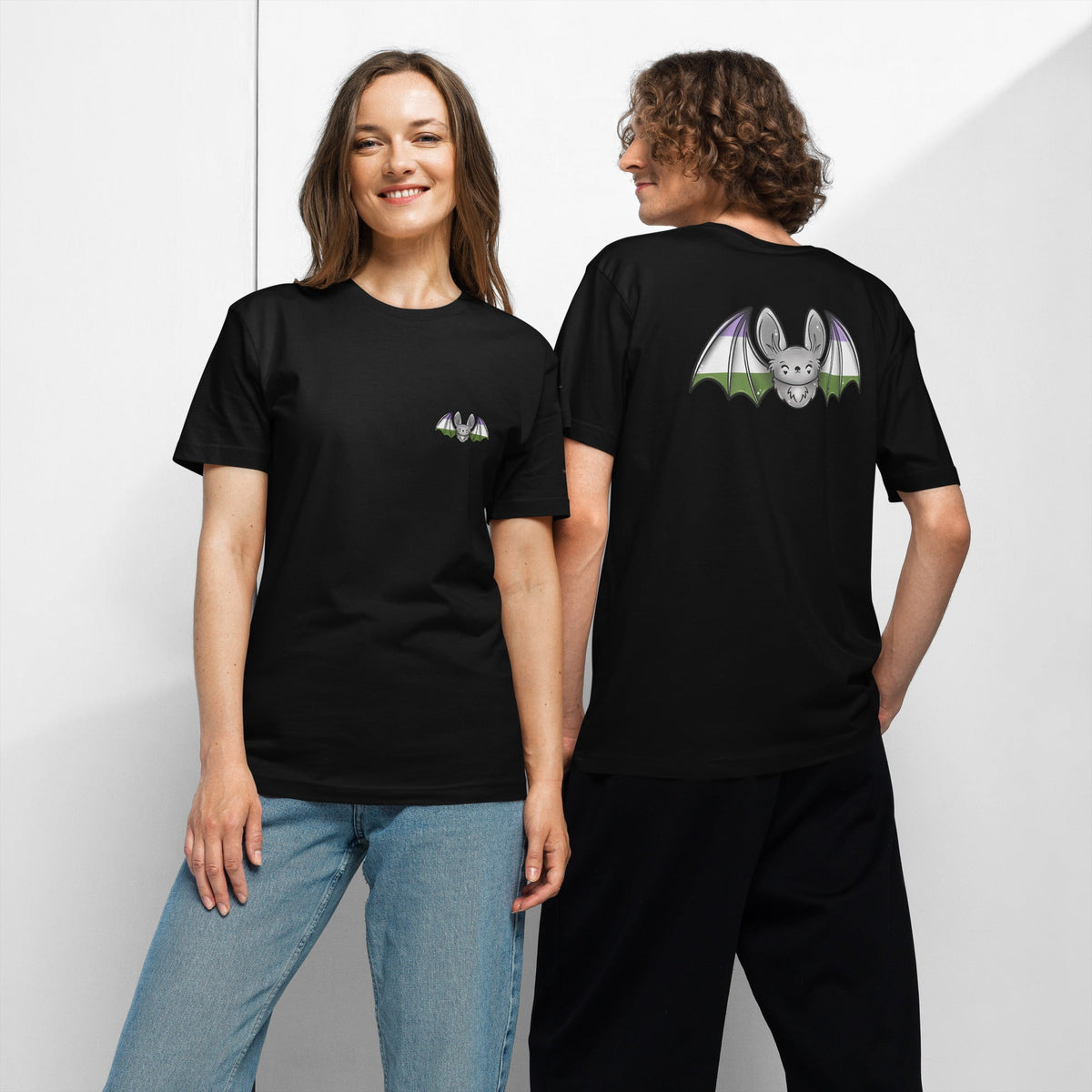 Unisex Pride Bat T-Shirt with genderqueer flag design, black jersey fabric, front and back view by Printful.