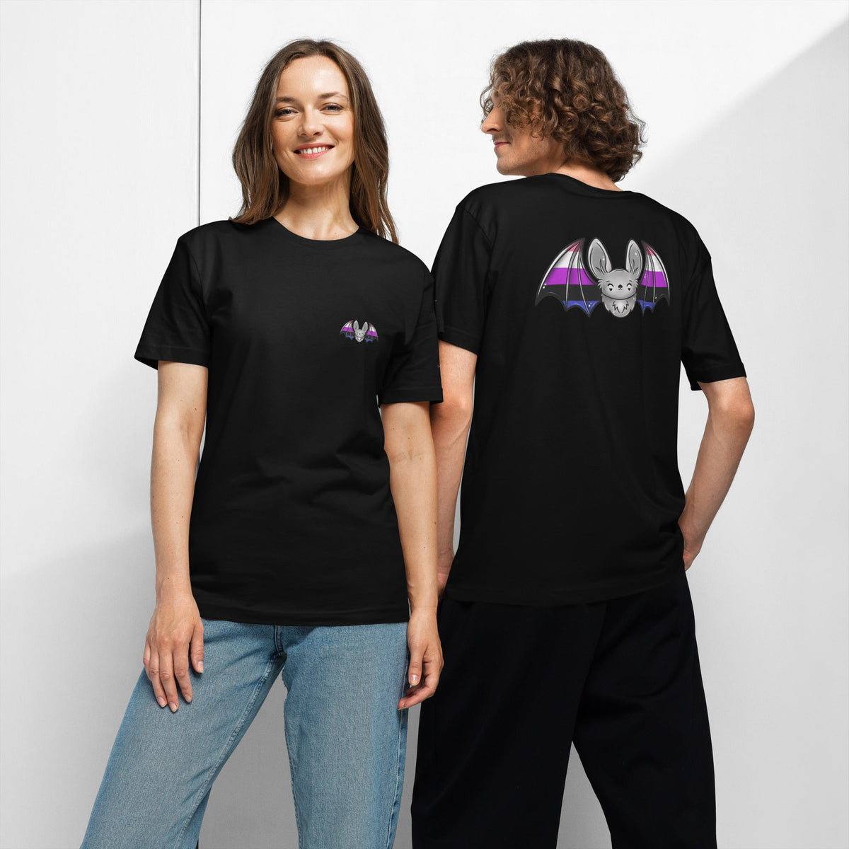 Genderfluid Pride Bat T-Shirt by Printful, unisex black jersey tee with pride flag design on front and back.