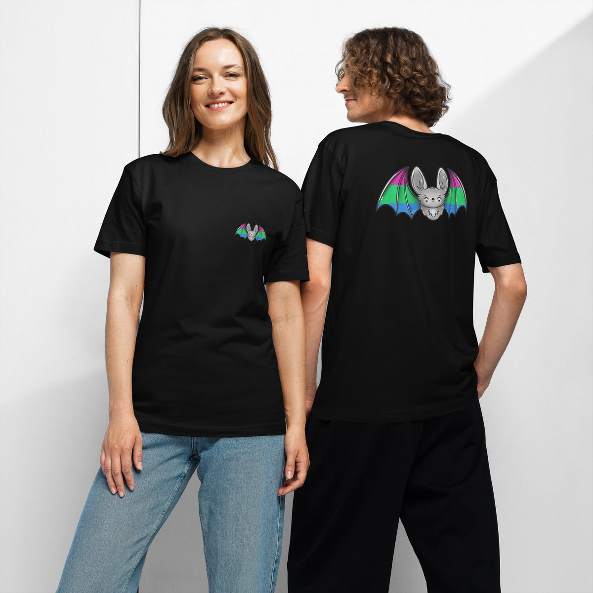 Unisex black Pride Bat T-Shirt with polysexual flag design on front and back, made by Printful.