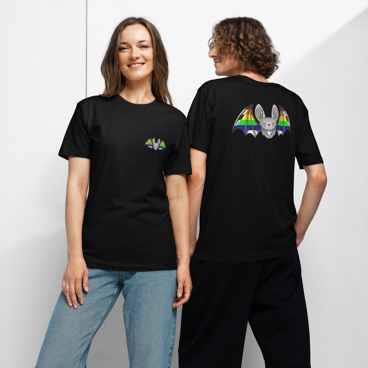 Black Pride Bat Ally Flag T-shirt, unisex jersey tee with front and back design, by Printful.