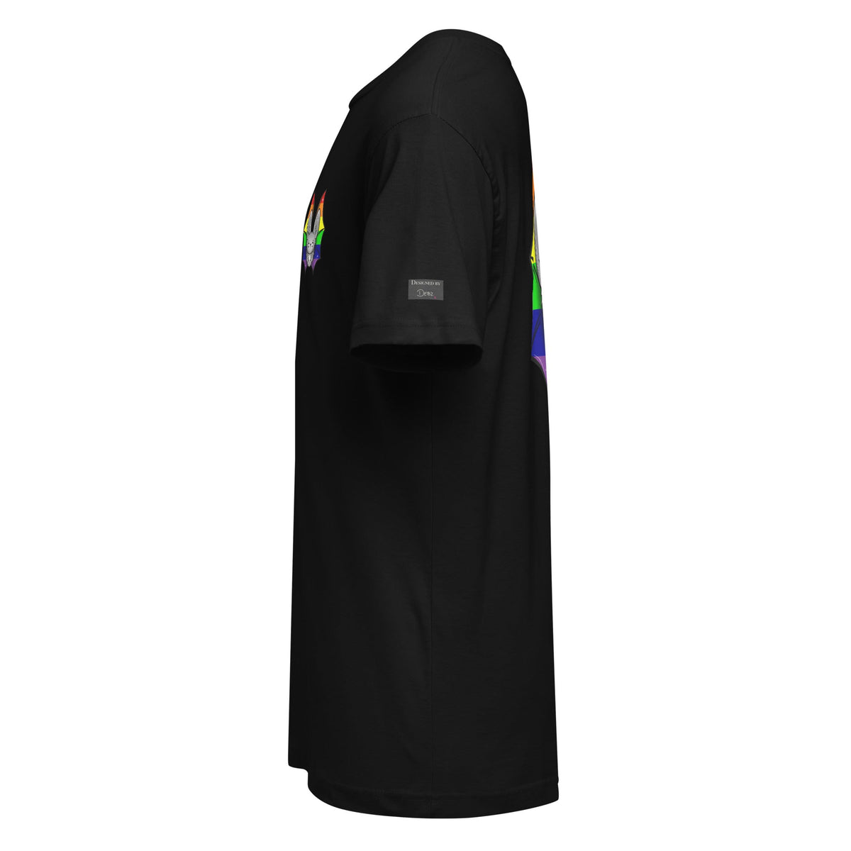 Black Pride Bat T-Shirt featuring rainbow flag design on unisex fine jersey tee by Printful