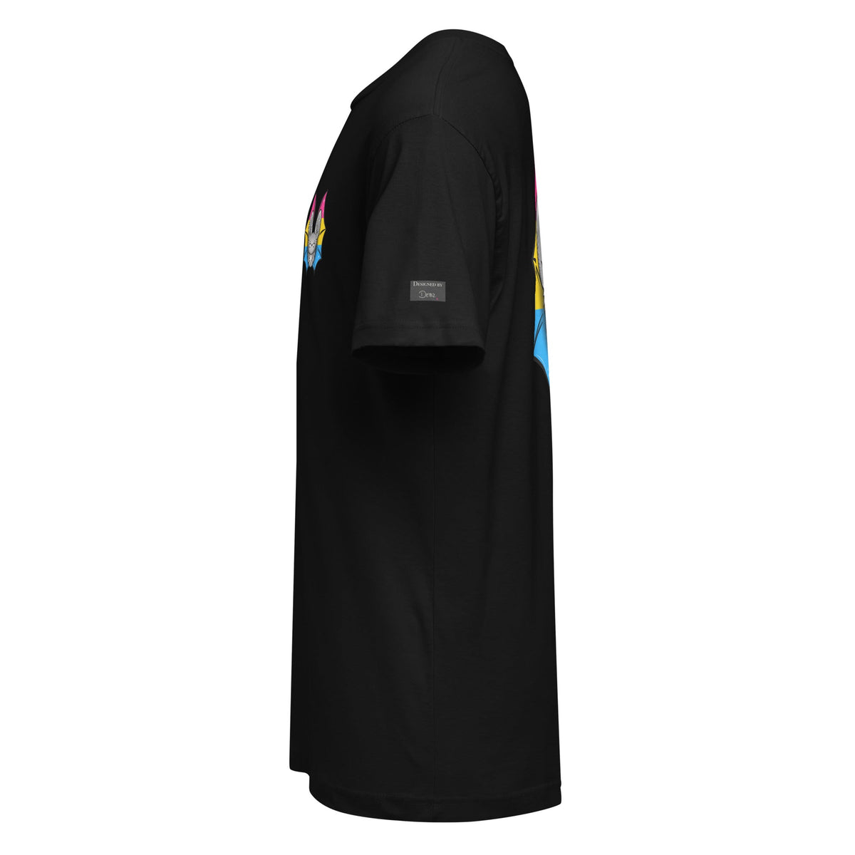 Black Pride Bat T-Shirt featuring the Pansexual Flag design on a unisex fine jersey tee by Printful.
