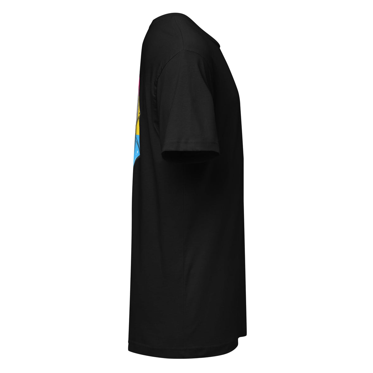 Black Pride Bat T-Shirt featuring Pansexual Flag colors on a unisex fine jersey tee by Printful.