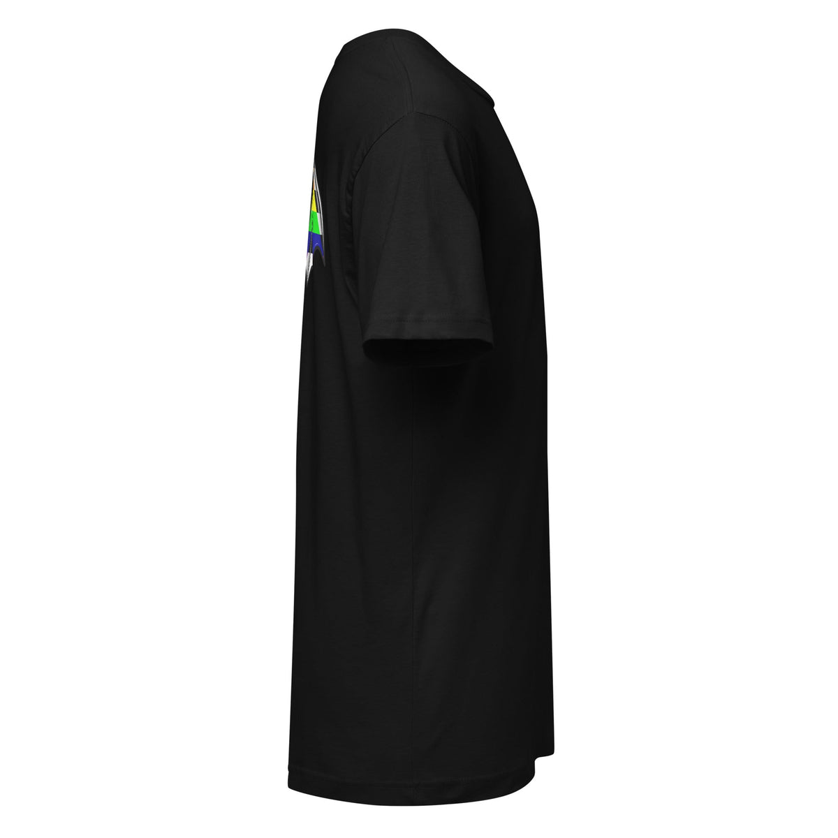 Unisex black Pride Bat Ally Flag T-Shirt by Printful featuring a graphic bat design and rainbow-colored pride flag on the front.