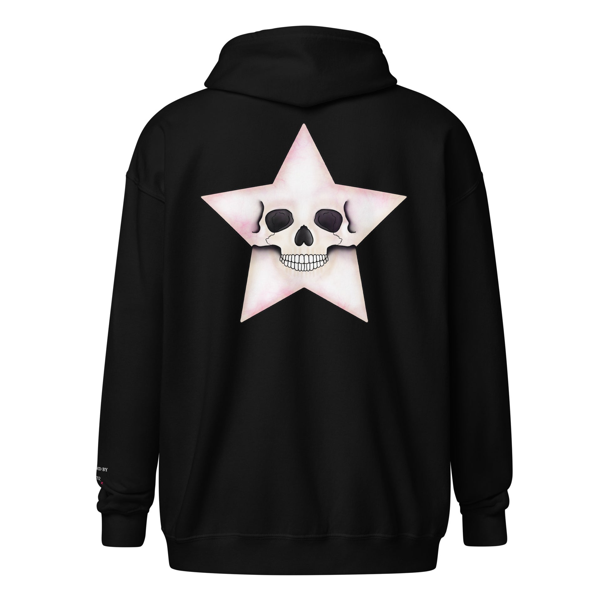 Black unisex zip hoodie featuring a Death Star skull design, made by Printful, shown from the back view.