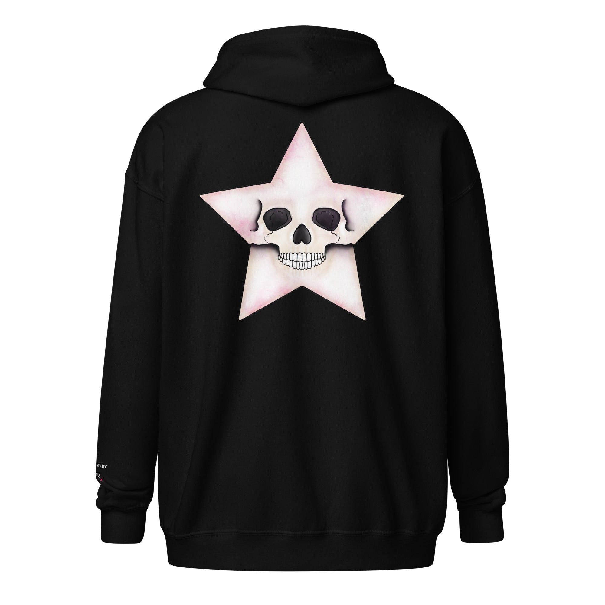 Black unisex zip hoodie featuring a Death Star skull design, made by Printful, shown from the back view.