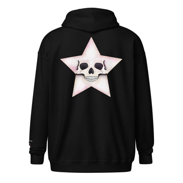 Black unisex zip hoodie featuring a Death Star skull design, made by Printful, shown from the back view.