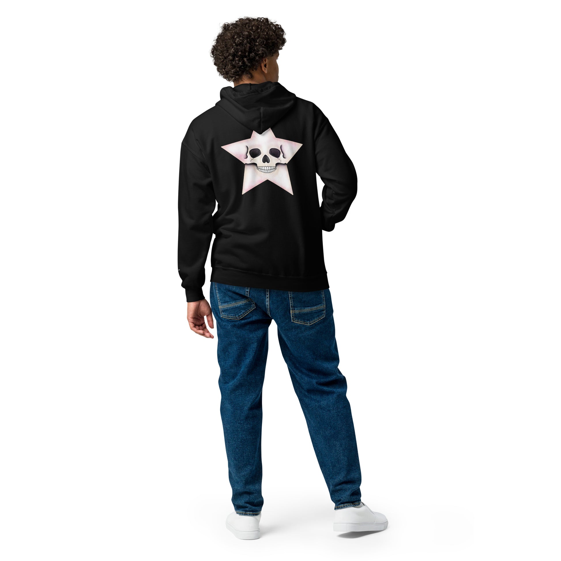 Black unisex zip hoodie featuring a Death Star skull design, made by Printful, shown from the back.