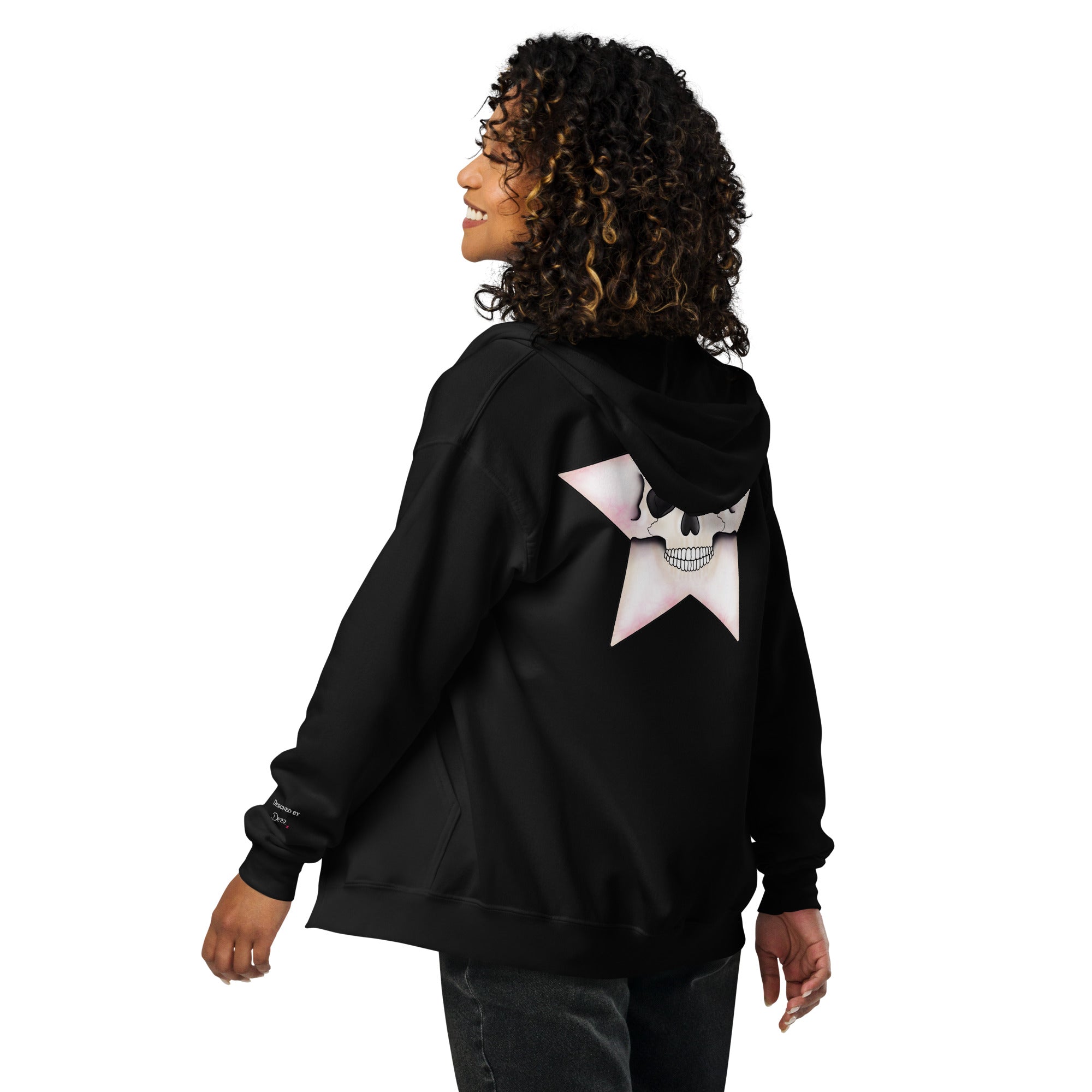 Black unisex zip hoodie featuring a Death Star skull graphic from Printful, made with heavy-blend fabric for comfort.
