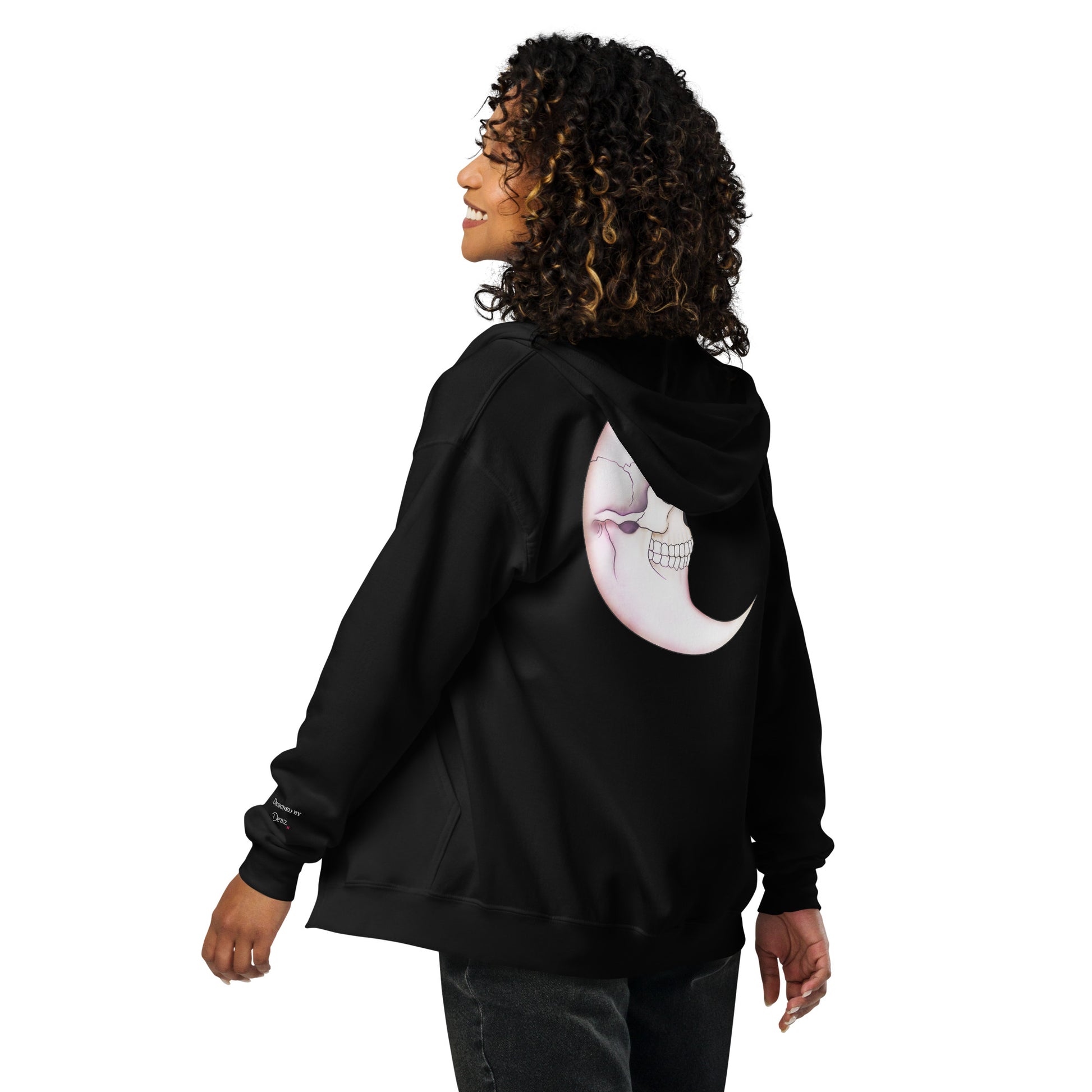 Black unisex zip hoodie with a printed death moon skull design on the back, made by Printful.