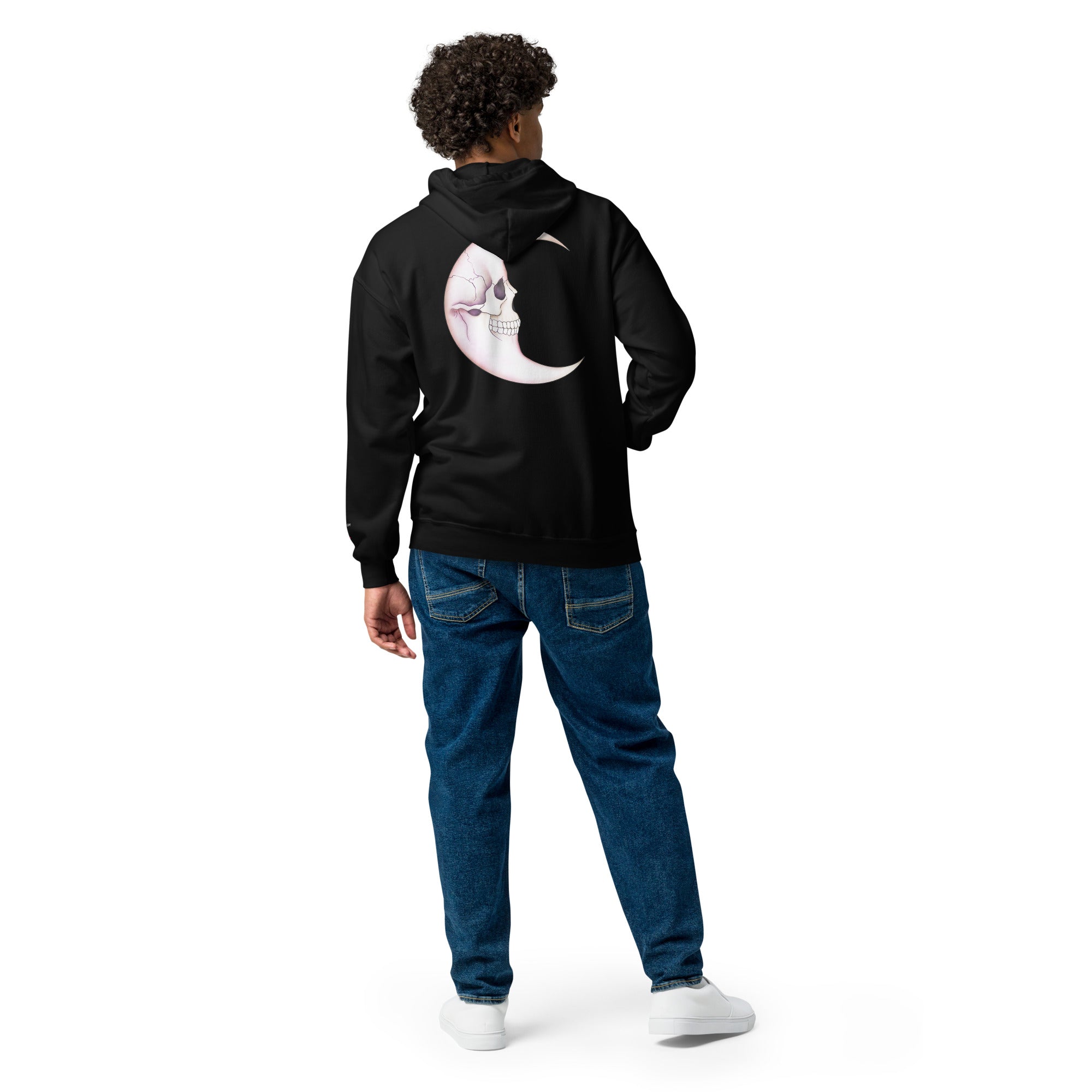 Black unisex zip hoodie featuring a death moon skull graphic on the back, made by Printful.
