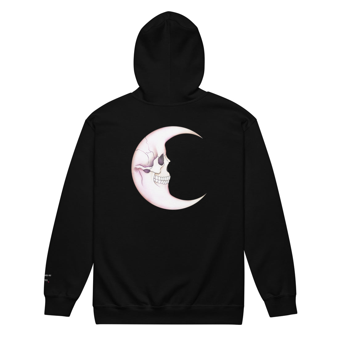 Black unisex Zip Hoodie by Printful featuring a Death Moon Skull design on the back, made from heavy-blend fabric.