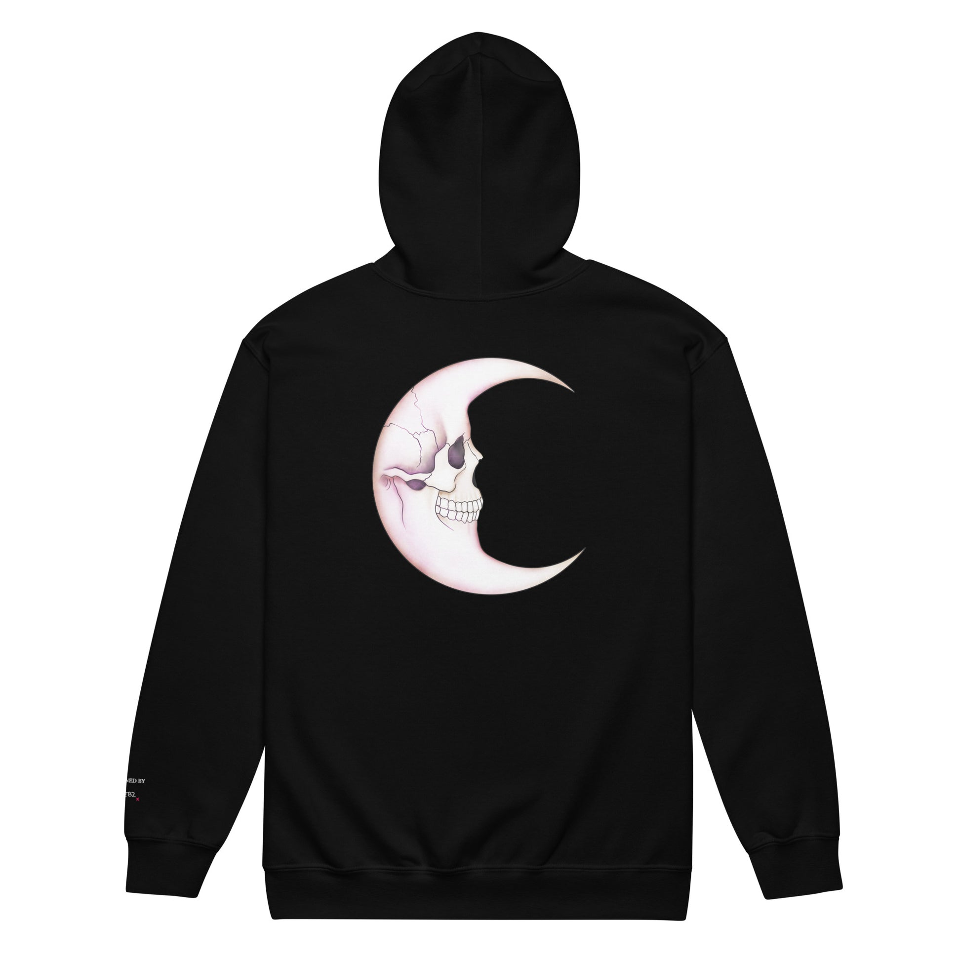 Black unisex Zip Hoodie by Printful featuring a Death Moon Skull design on the back, made from heavy-blend fabric.