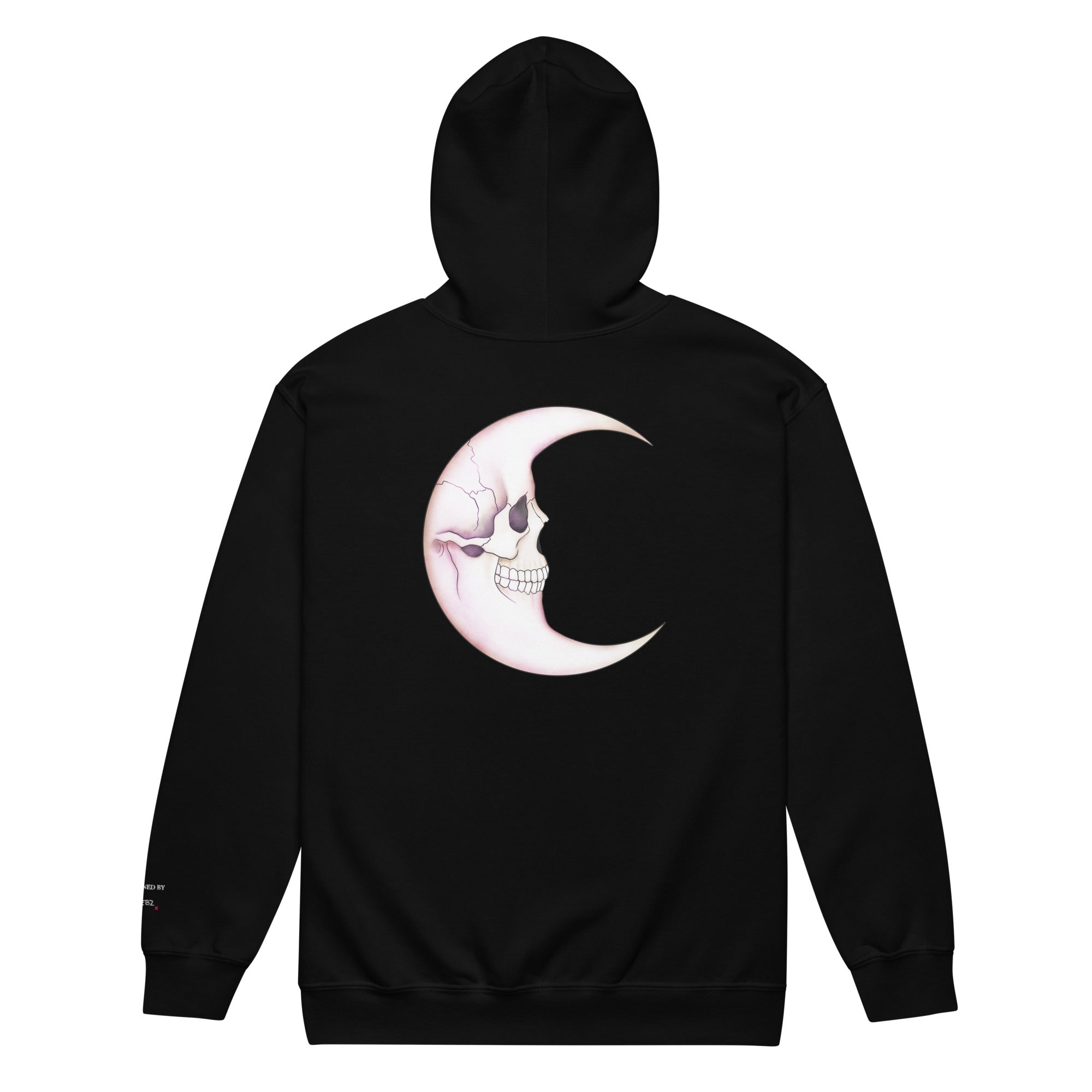 Black unisex Zip Hoodie by Printful featuring a Death Moon Skull design on the back, made from heavy-blend fabric.