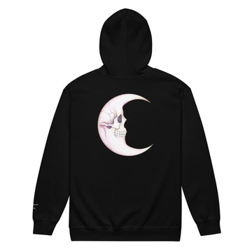 Black unisex Zip Hoodie by Printful featuring a Death Moon Skull design on the back, made from heavy-blend fabric.