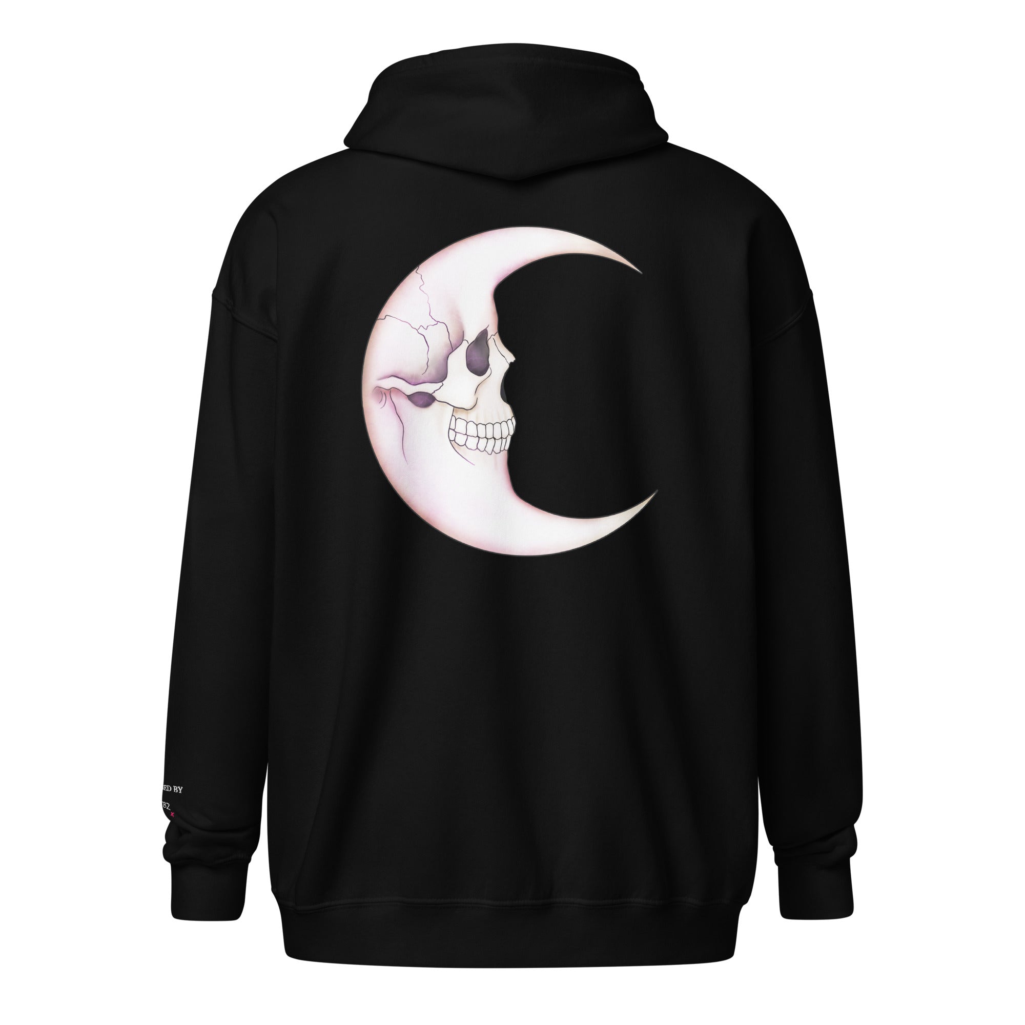 Black unisex zip hoodie featuring a Death Moon Skull design on the back, made by Printful in a heavy-blend fabric.