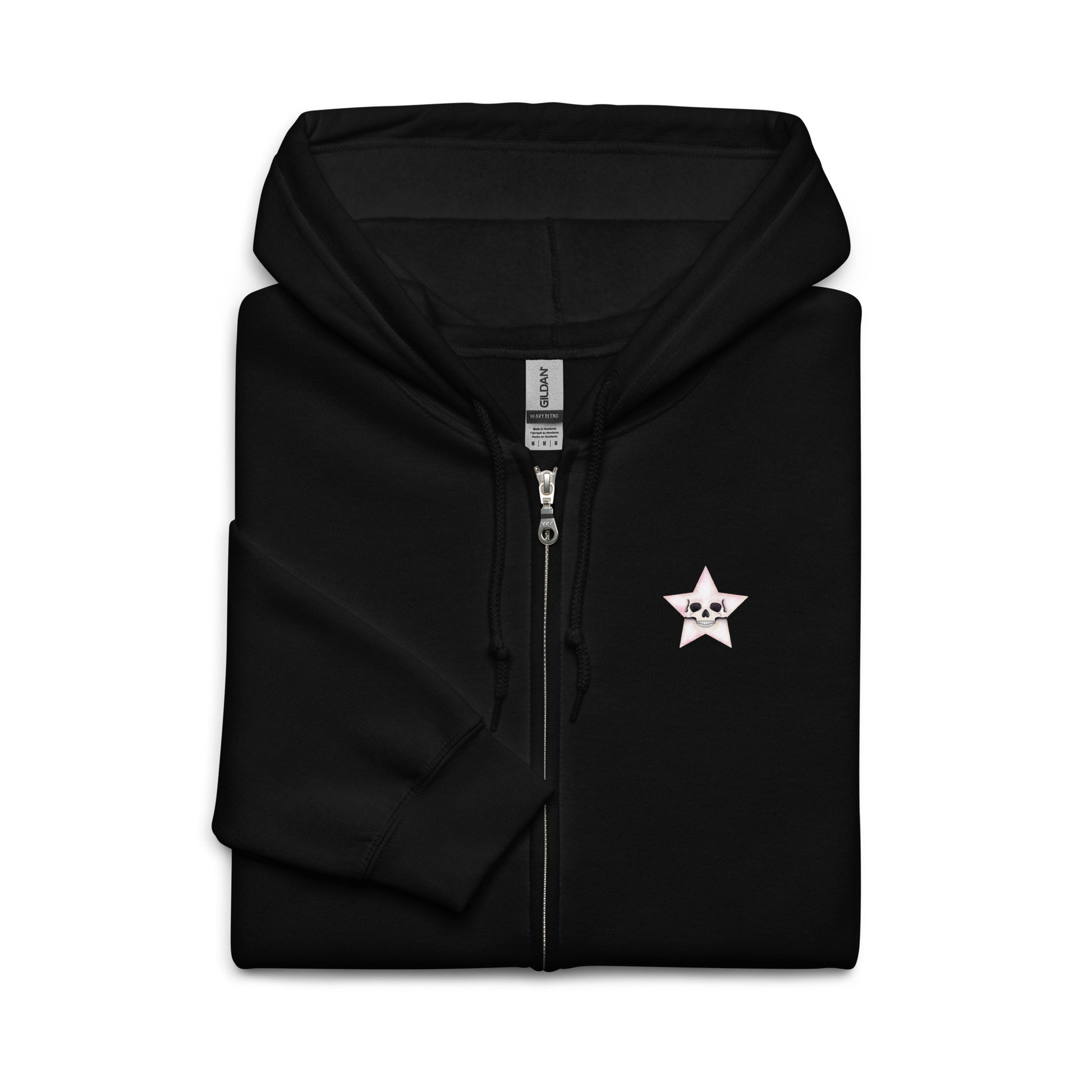 Black unisex zip hoodie featuring a Death Star skull graphic from Printful, made with heavy-blend fabric for a comfortable fit.