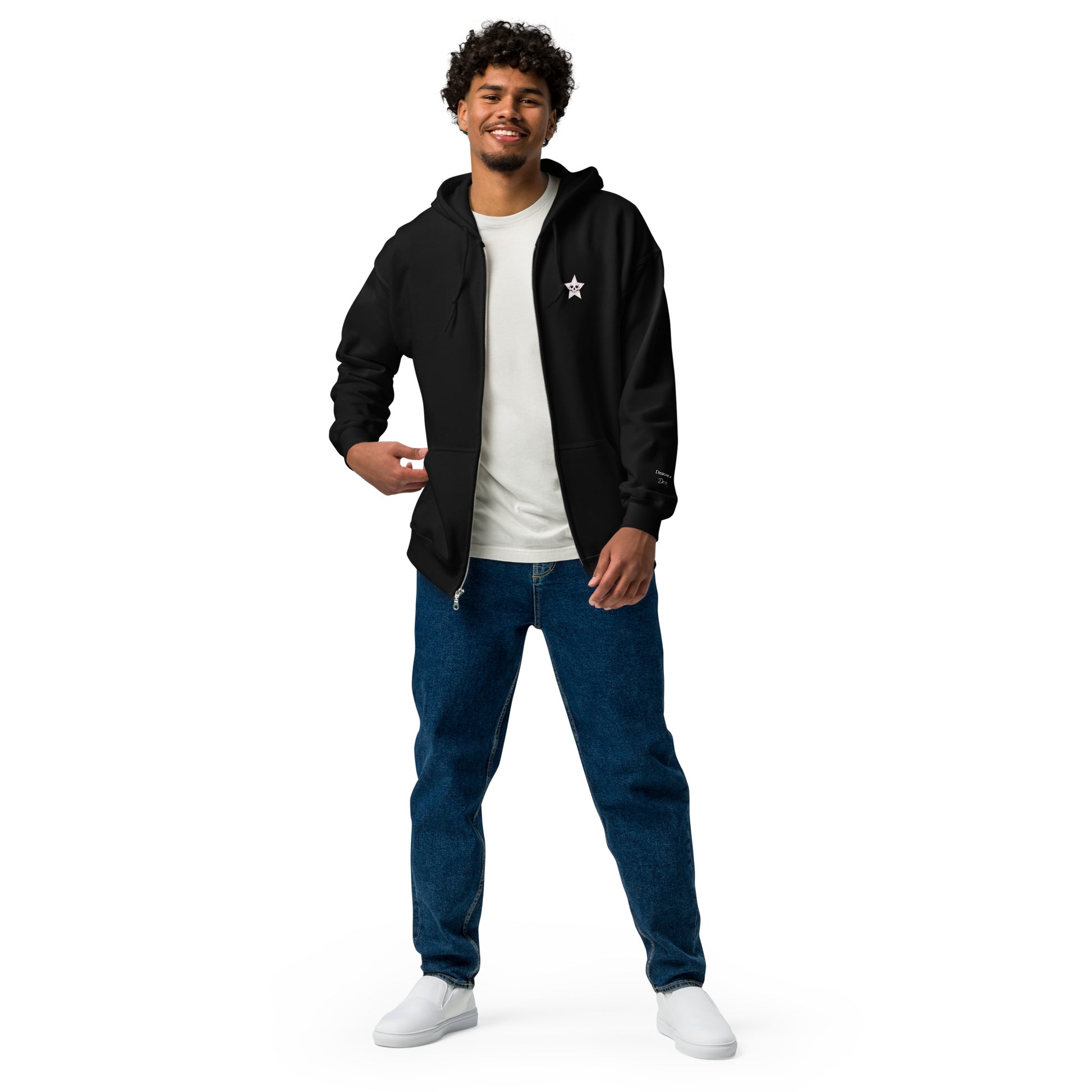 Black unisex zip hoodie featuring a Death Star skull design from Printful, made of heavy blend fabric.