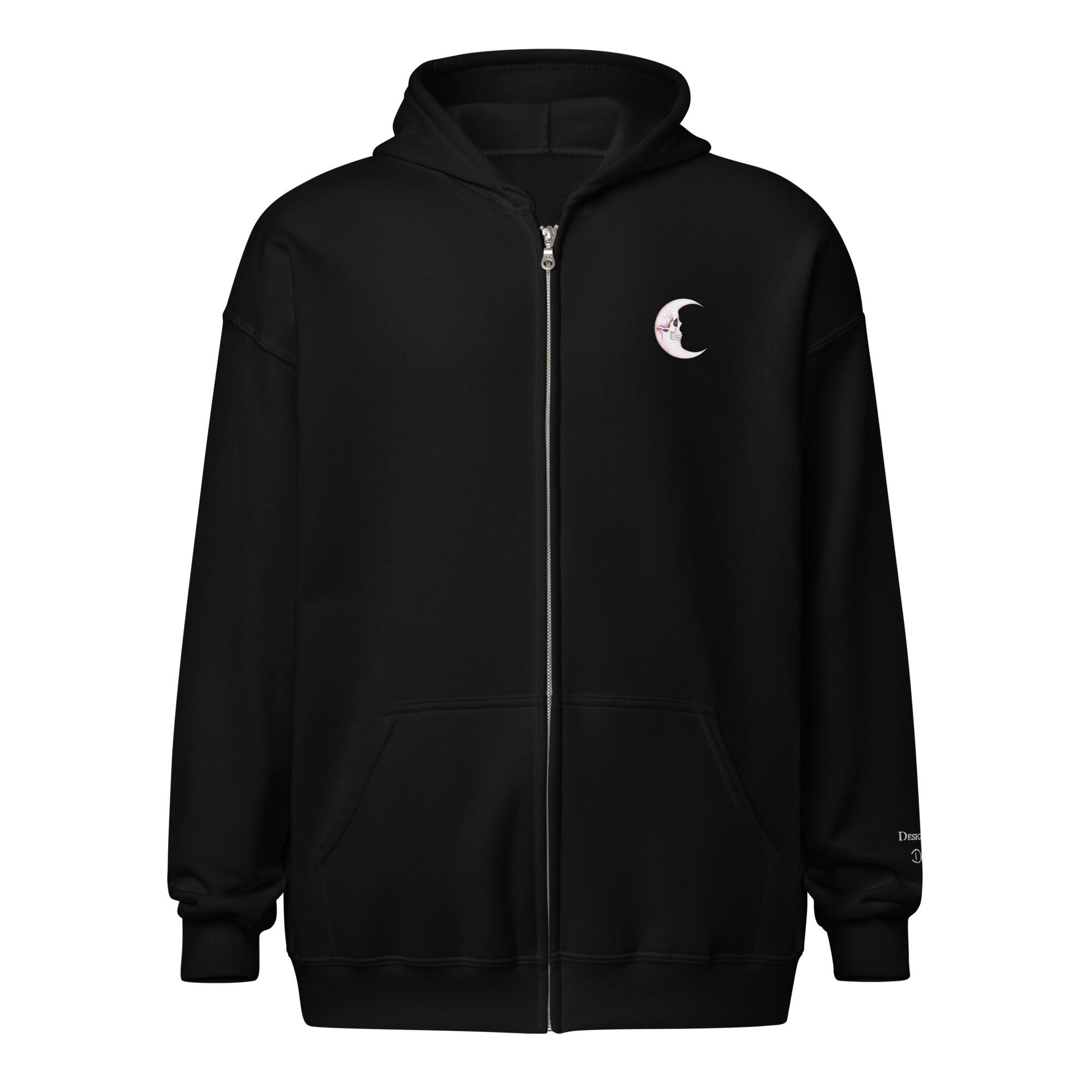 Black unisex zip hoodie with a death moon skull graphic on the front, made by Printful, featuring a heavy-blend fabric and front zipper.