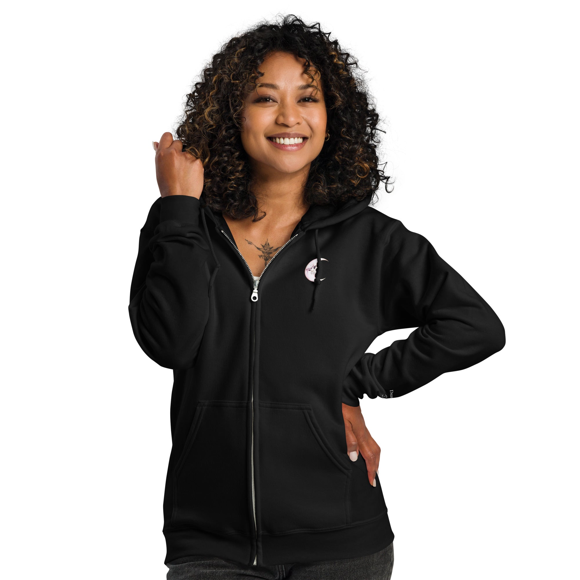 Black unisex zip hoodie with a Death Moon Skull graphic on the front, made by Printful.