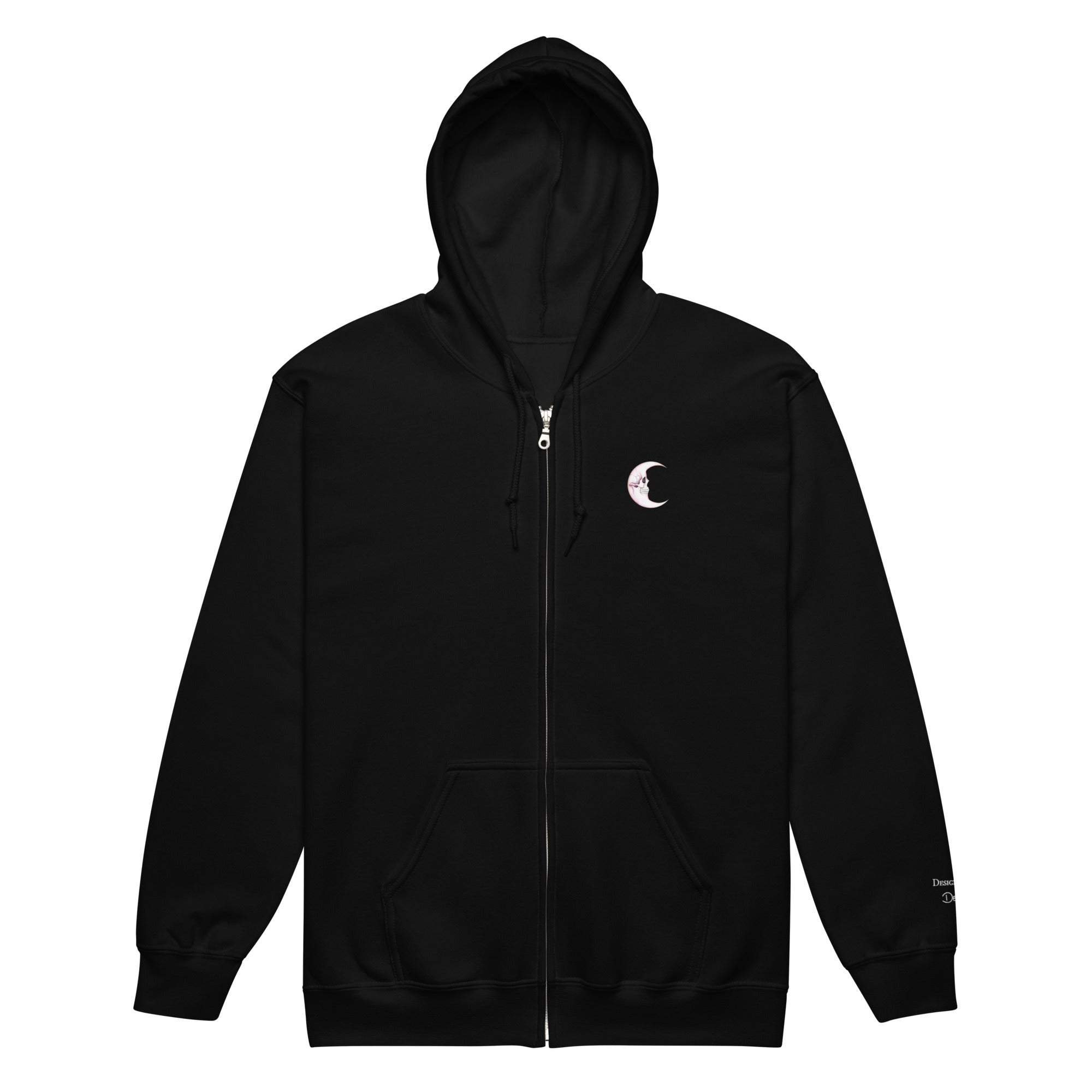 Black unisex zip hoodie by Printful featuring a death moon skull design on the front, made from heavy blend fabric.