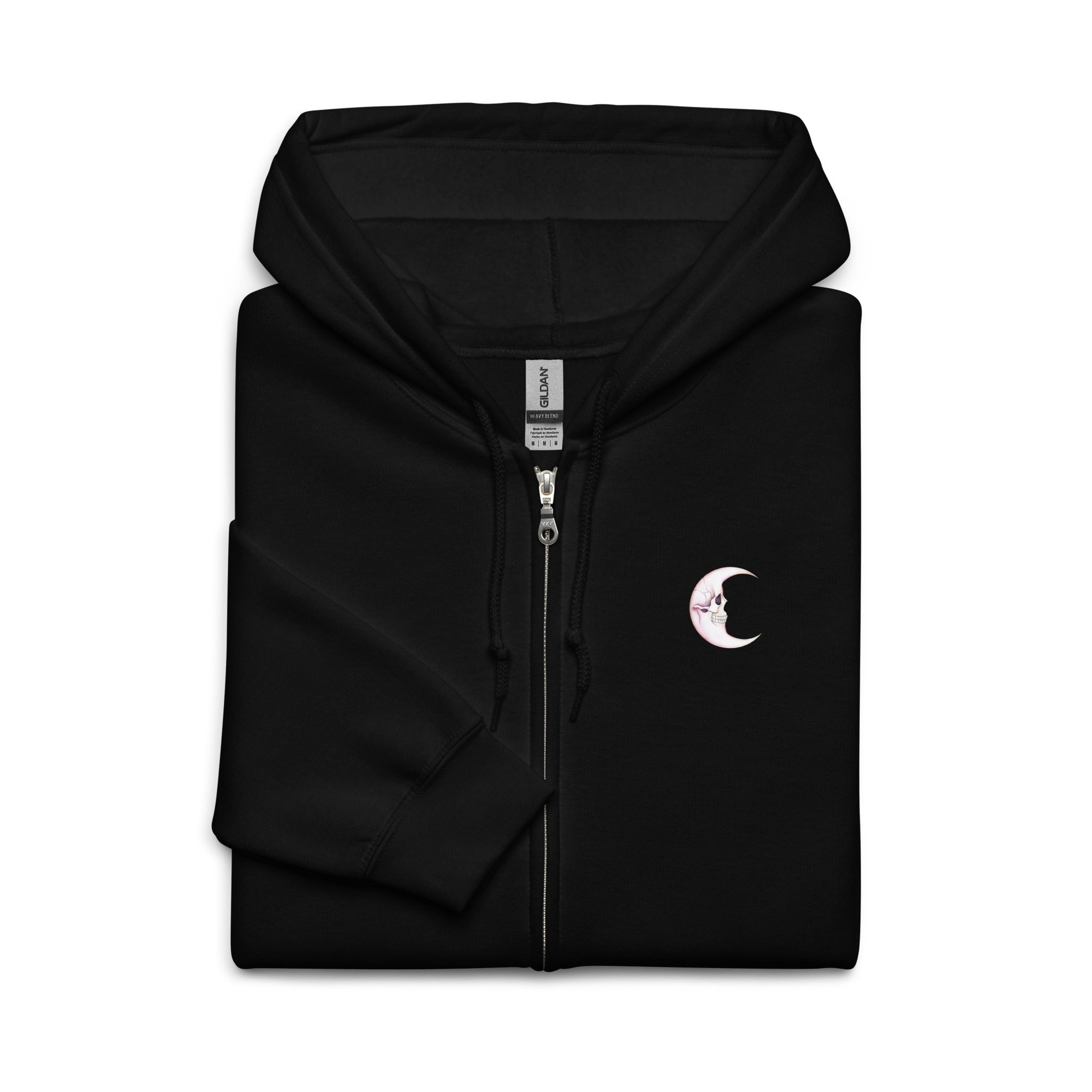 Black unisex zip hoodie featuring a death moon skull graphic by Printful, front view showing the detailed design and hoodie style.
