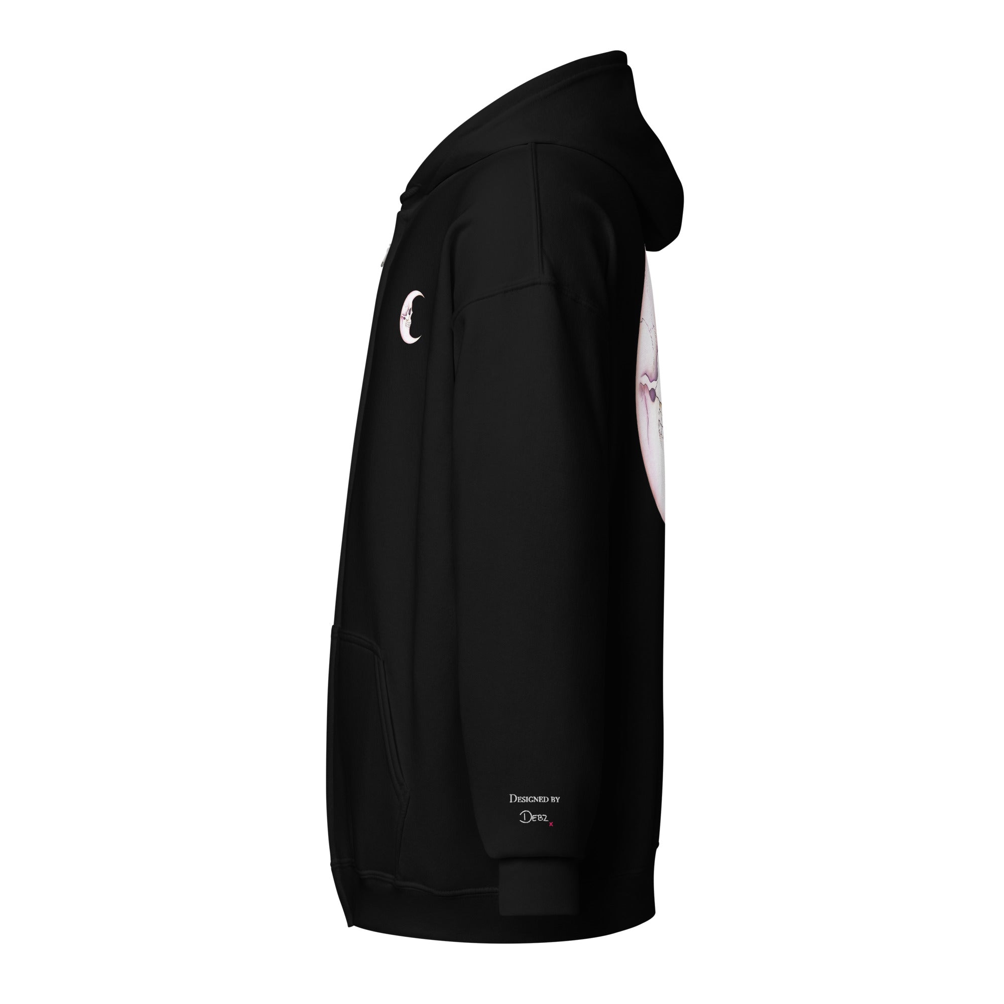 Black unisex zip hoodie featuring a Death Moon Skull graphic, made by Printful, shown from the left side.