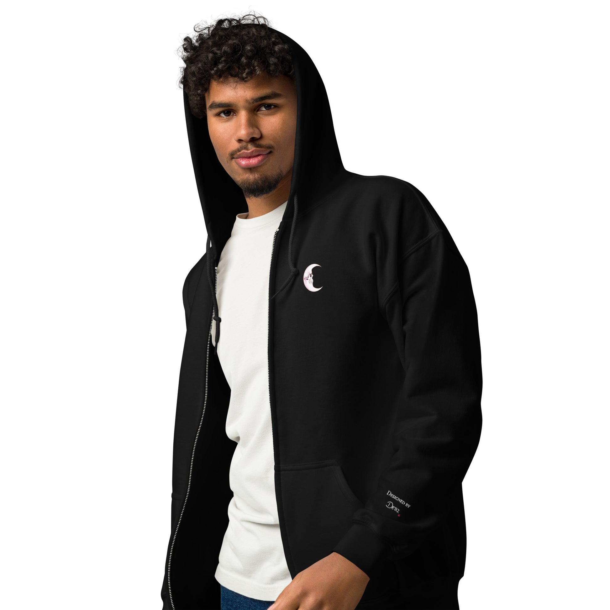 Black unisex zip hoodie with a Death Moon Skull graphic on the left front, made by Printful.