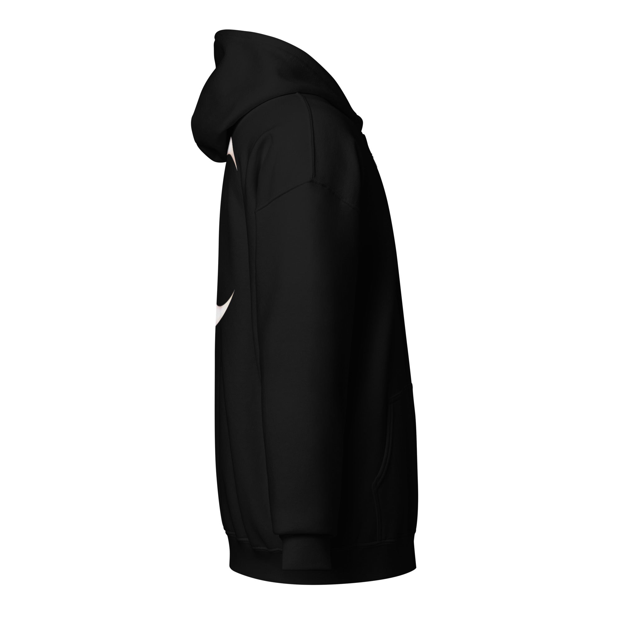 Black unisex zip hoodie featuring a Death Moon Skull design, made by Printful, shown from the right side.