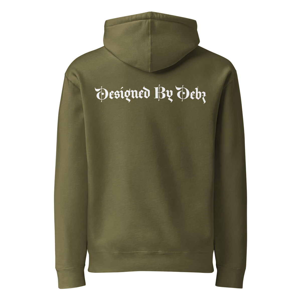 Unisex heavyweight hoodie with "Designed By Debz" logo, navy color, featuring a front and back design, by Printful.