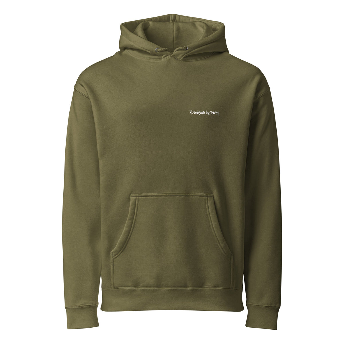 Unisex heavyweight hoodie by Printful with Designed By Debz logo on the front, made of soft, durable fabric.