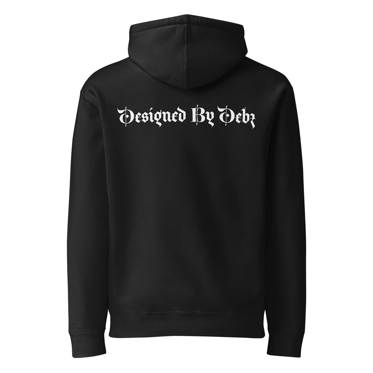 Black heavyweight hoodie by Printful with Designed By Debz logo, featuring a unisex fit and a comfortable hood.