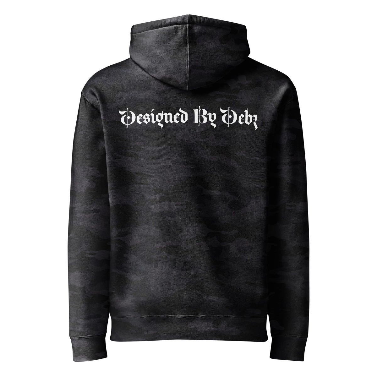 Black camo hoodie by Printful featuring the Designed By Debz logo on the front, heavyweight unisex hooded sweatshirt.